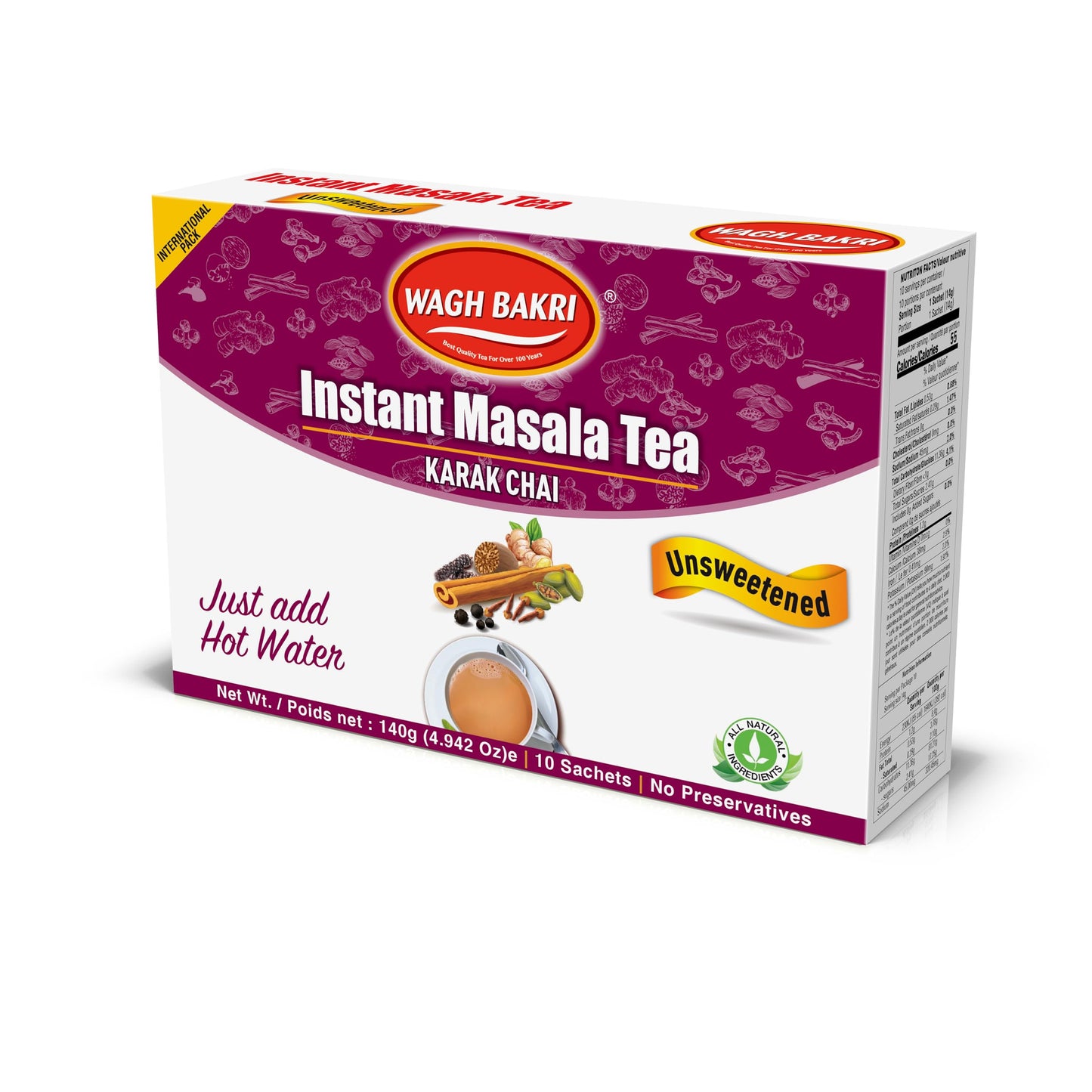 Wagh Bakri Instant Masala Tea, Unsweetened No Sugar Added, Karak Chai - 140grams, 10 Sachets [International Pack]