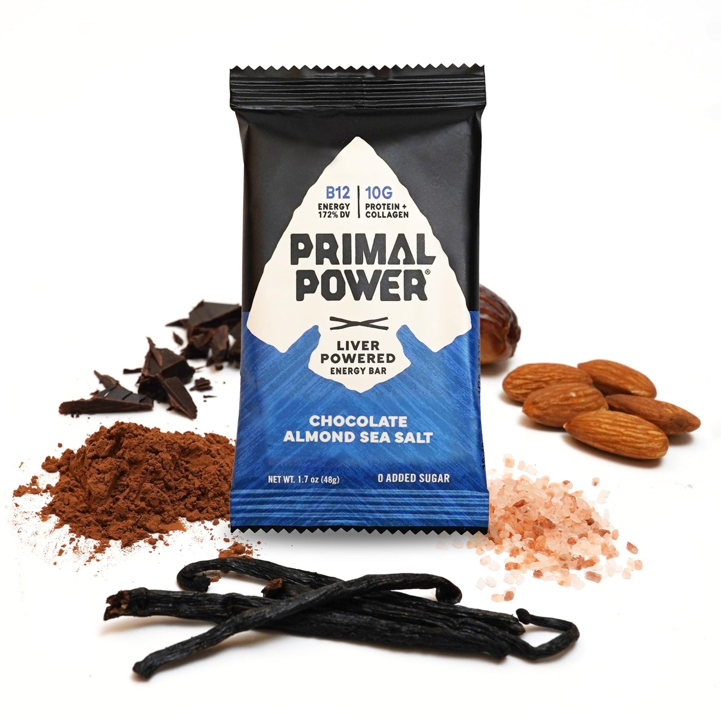 Primal Power Liver Powered Nutrition Bars, 10g Protein, B12 Energy Boost, Gluten Free, Chocolate Almond Sea Salt, Pack of 12