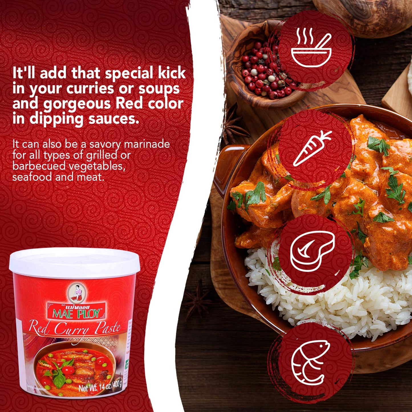 Mae Ploy Red Curry Paste, Authentic Thai Red Curry Paste For Thai Curries And Other Dishes, Aromatic Blend Of Herbs, Spices And Shrimp Paste, No Msg, Preservatives Or Artificial Coloring (14Oz Tub)