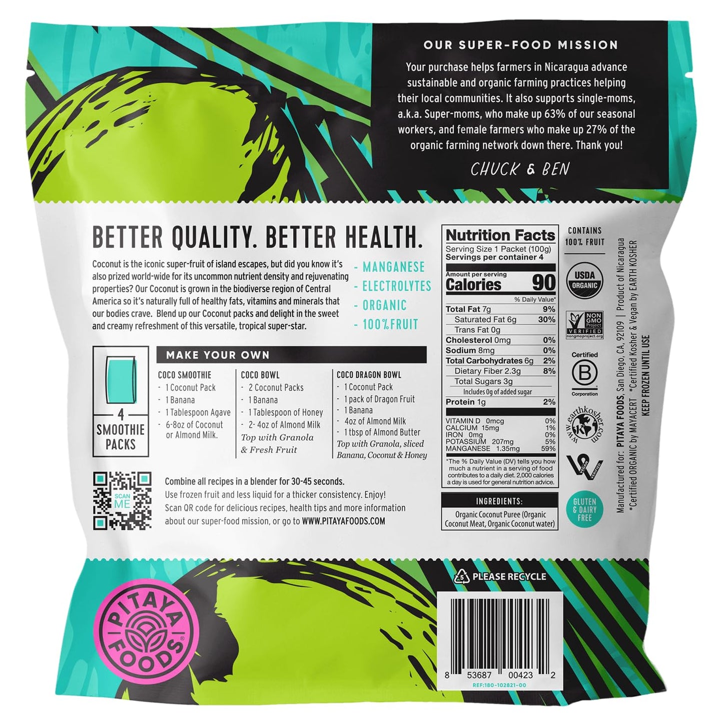 Pitaya Foods - Organic Coconut Smoothie Packs, Pre-Packaged Frozen Fruit Pur  e, No Added Sugar or Preservatives, Good Source of