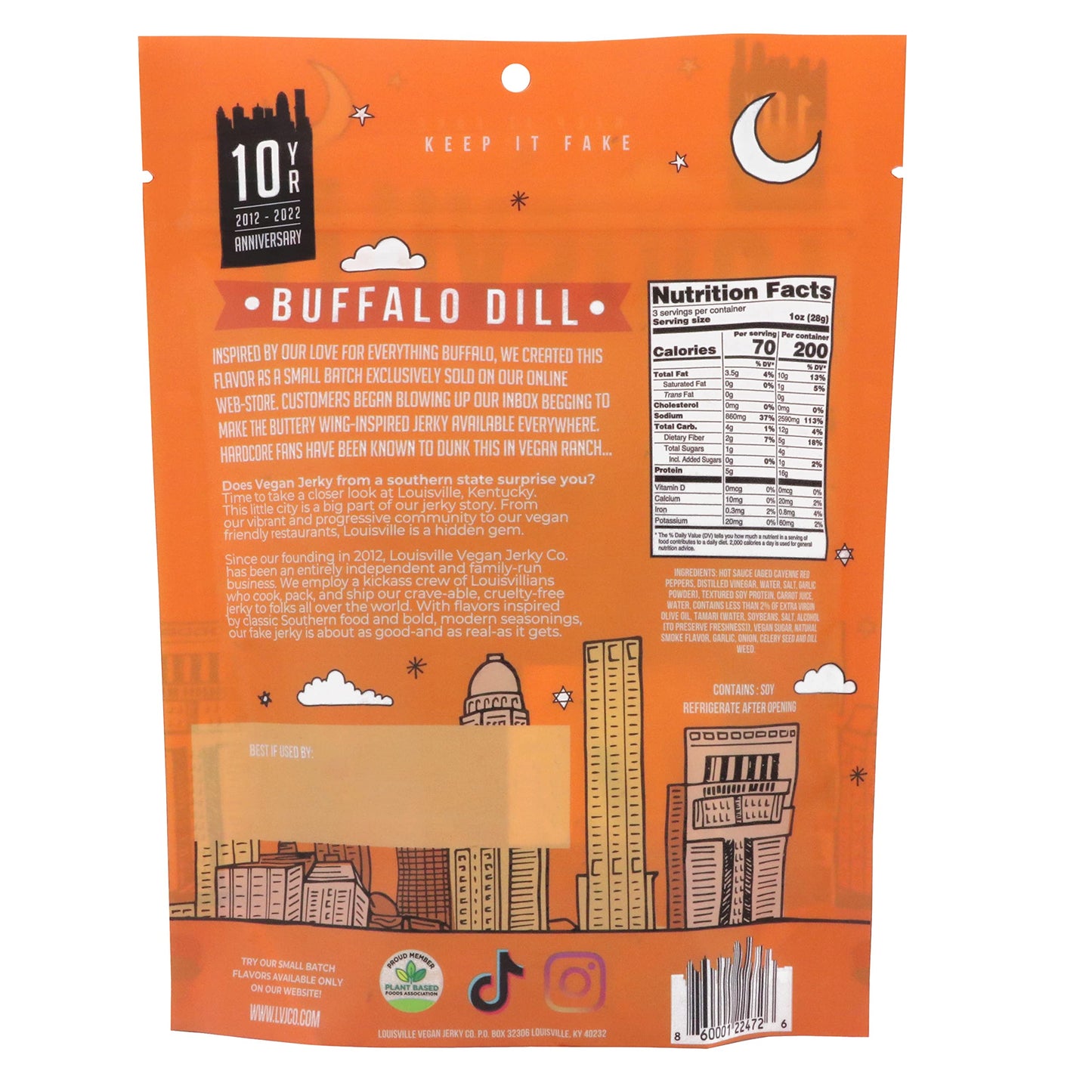 Louisville Vegan Jerky Buffalo Hot Wing - Gluten-Free High Protein Snack - 1-Pack - 280 Calories - Non-GMO Soy Protein - Silver
