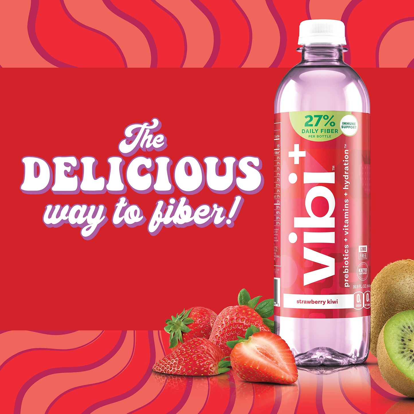 Vibi+ Strawberry Kiwi Prebiotic Water - Digestive Health Support - Sugar Free High Fiber Flavored Drink - Keto, Vegan, Healthy,