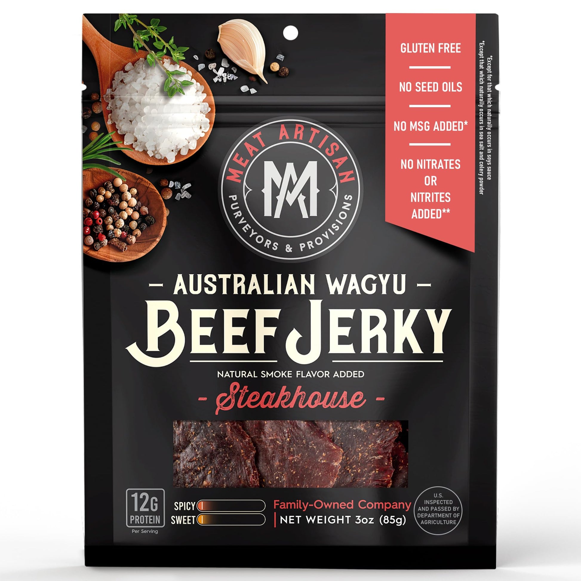 Meat Artisan Beef Jerky - Australian Wagyu Steakhouse - High Protein Snack - Gluten Free No MSG - enhanced Gourmet Natural 3oz (85g)