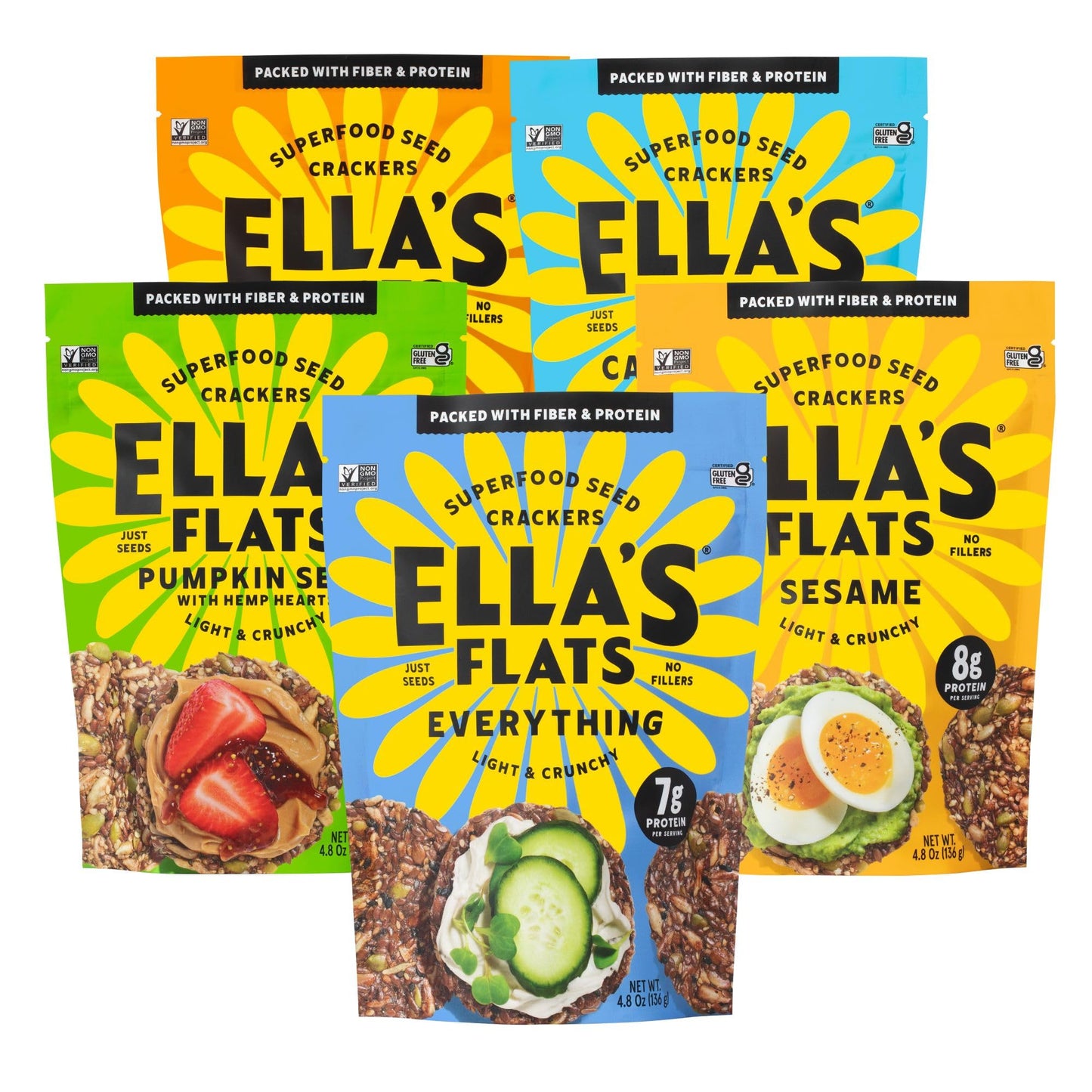 ELLAS FLATS Variety All Seed Savory Crisps - Gluten Free, Vegan, 4.8 oz (Pack of 5)