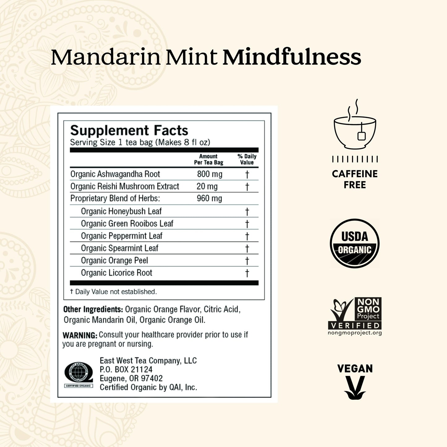 Yogi Tea Mandarin Mint - Organic Herbal Tea with Ashwagandha & Reishi - 16 Bags per Pack (6 Pack)