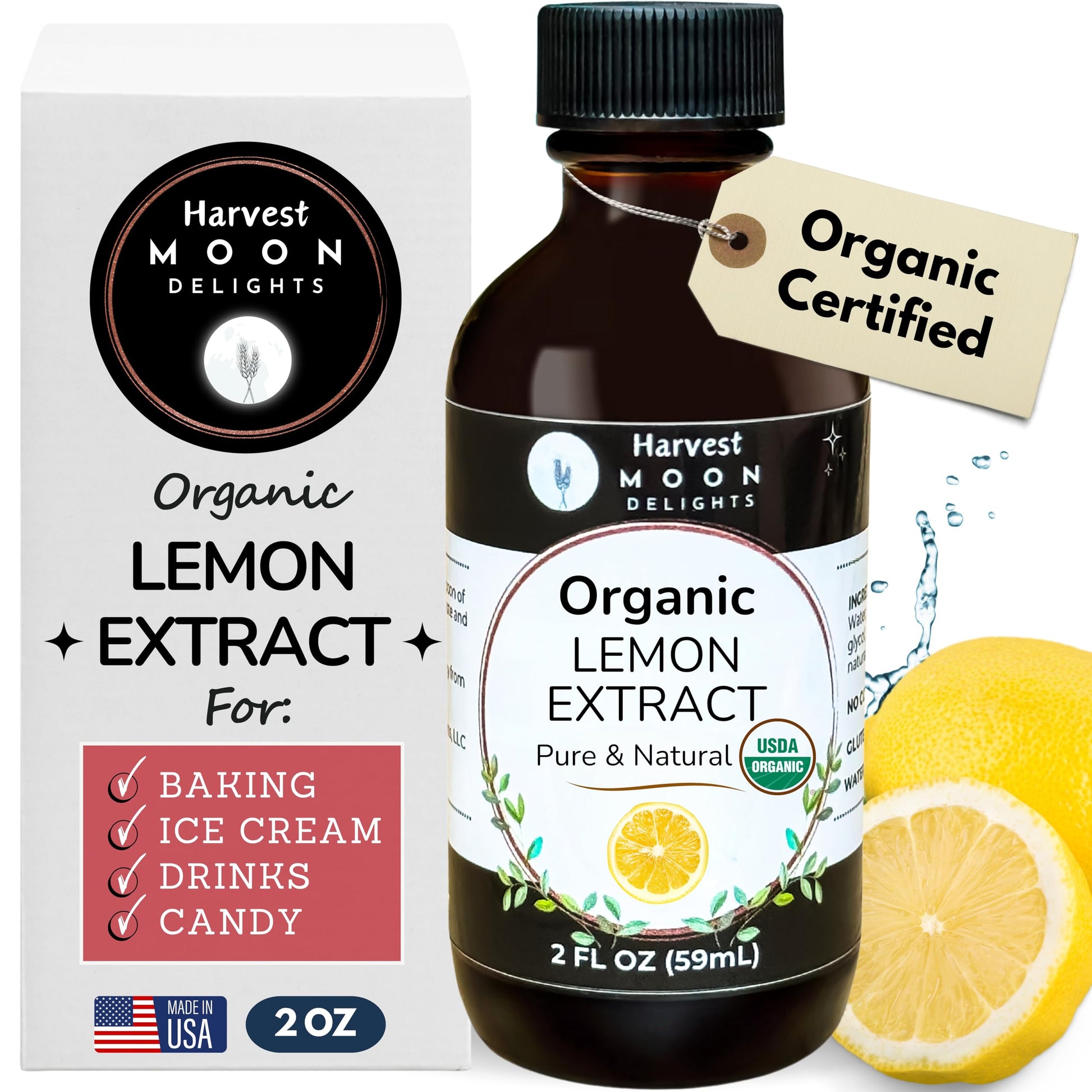 Organic Lemon Extract for Baking, Ice Cream, Drinks, and Candy - 2 oz - Water-Soluble - By Harvest Moon Delights - Pure Lemon Fl