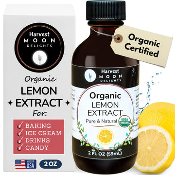 Organic Lemon Extract for Baking, Ice Cream, Drinks, and Candy - 2 oz - Water-Soluble - By Harvest Moon Delights - Pure Lemon Fl
