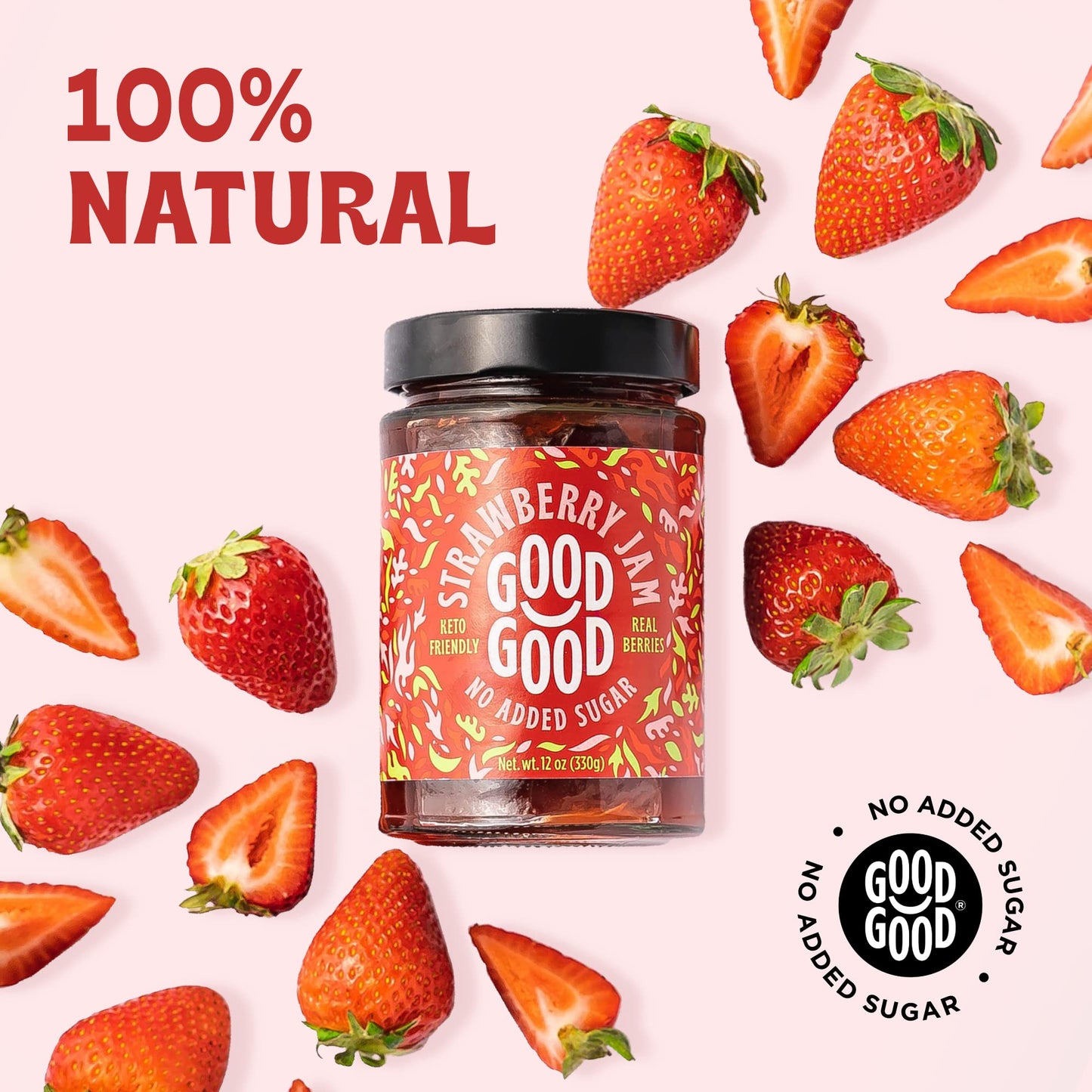 Good Good No Added Sugar Strawberry Jam - Keto Friendly Jelly - Low Carb, Low-Calorie And Vegan - Diabetic Friendly - 12Oz / 330G (Pack Of 2)