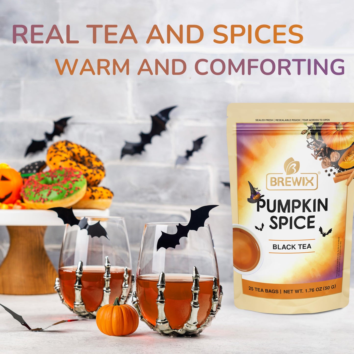 Brewix, Pumpkin Spice Black Tea (25 Pyramid Tea Bags) | Fall Tea | Halloween Tea | Warm And Spicy Tea
