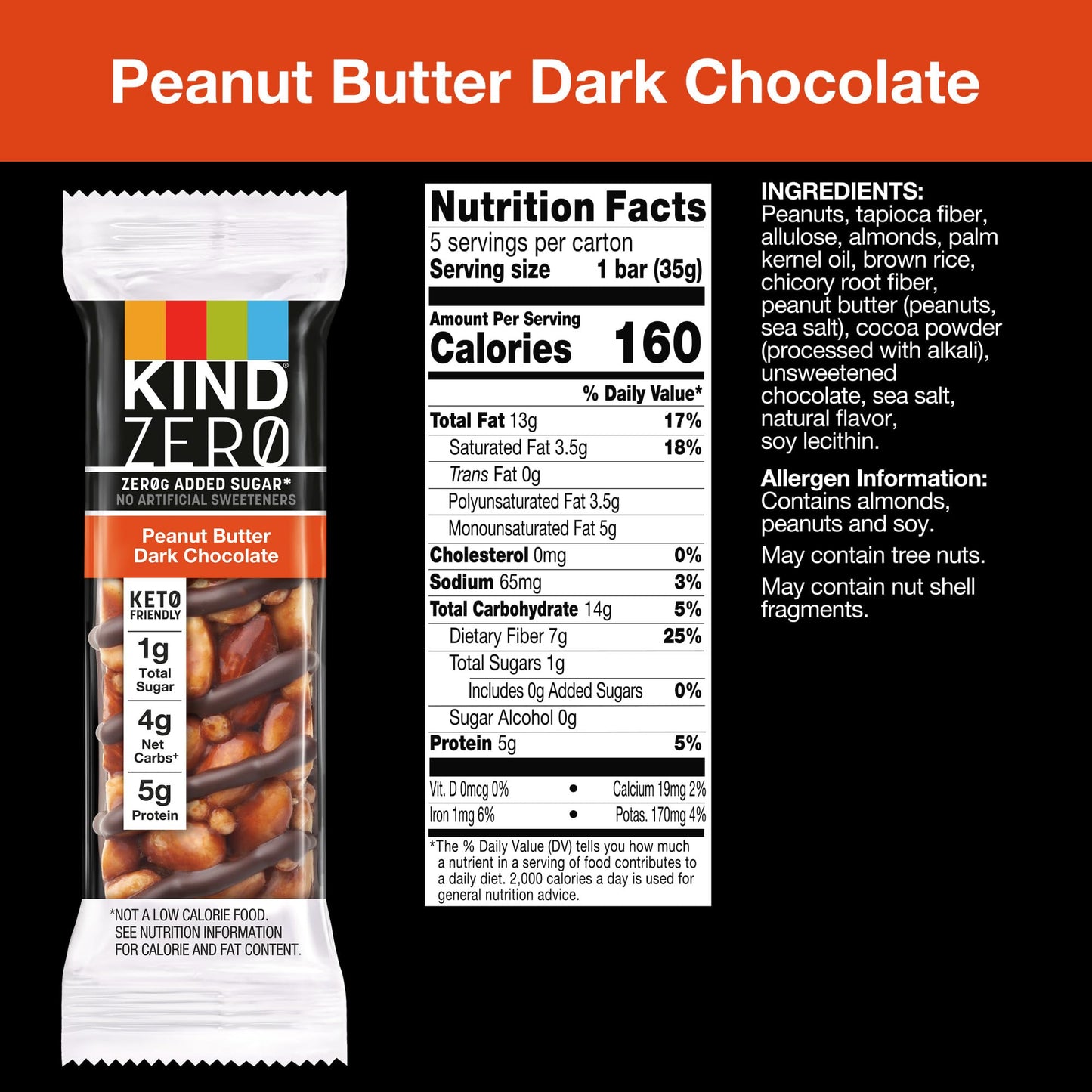 KIND ZERO Added Sugar Bars  Keto Snack  Peanut Butter Dark Chocolate  Good Source of Fiber  Gluten Free  Low Sugar  5g Protein  30 Count