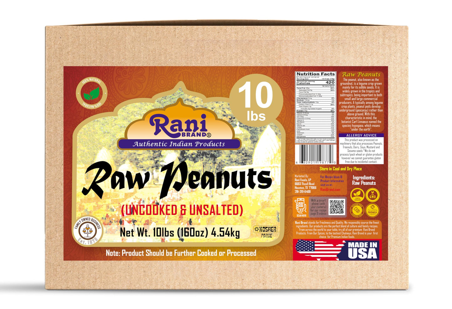 Rani Peanuts, Raw Whole With Skin (uncooked, unsalted) 10lbs (160oz) 4.54kg Bulk Box ~ All Natural | Vegan | Gluten Friendly | K