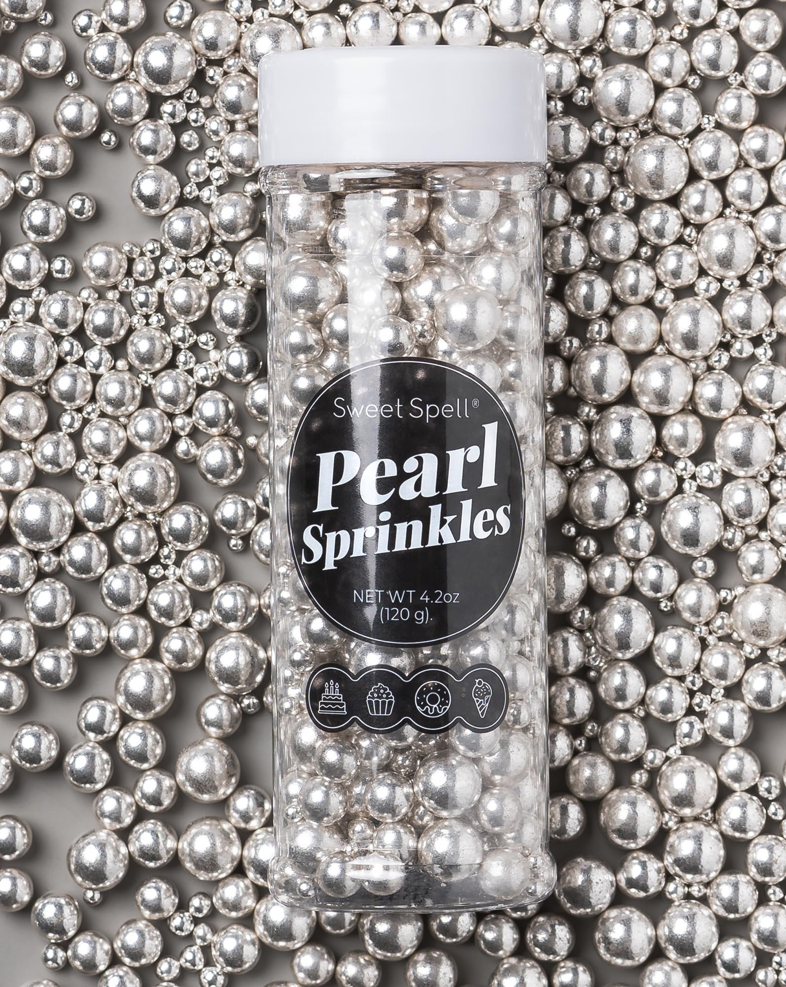 Sweet Spell Silver Pearl Sprinkles for Cake Decorating (120g/ 4.2oz) - Sugar Candy Ball Pearls for Cupcakes, Ice Cream Toppers, 