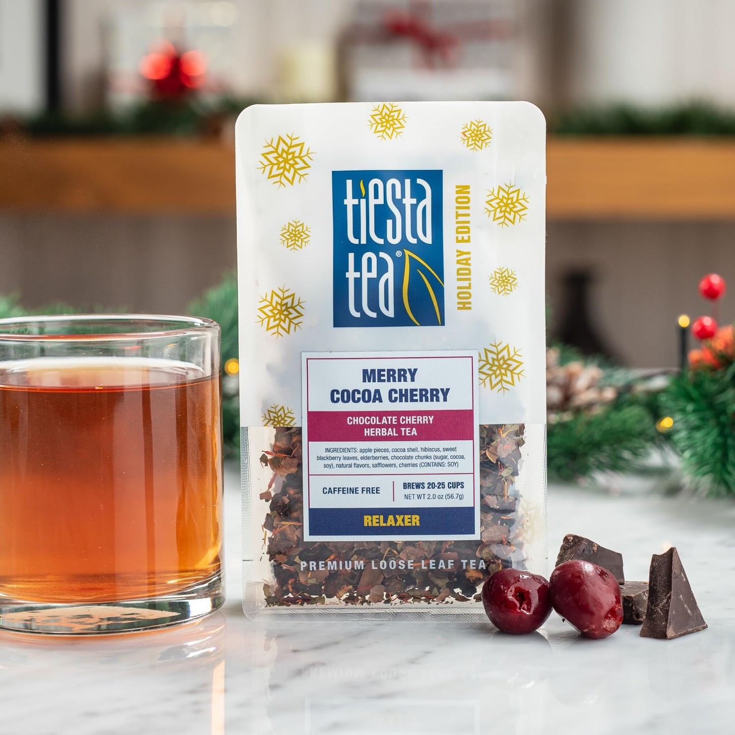 Tiesta Tea Merry Cocoa Cherry Herbal Tea, Caffeine Free, 2 Ounce Pouch, Brew Up to 25 Cups, Holiday Edition