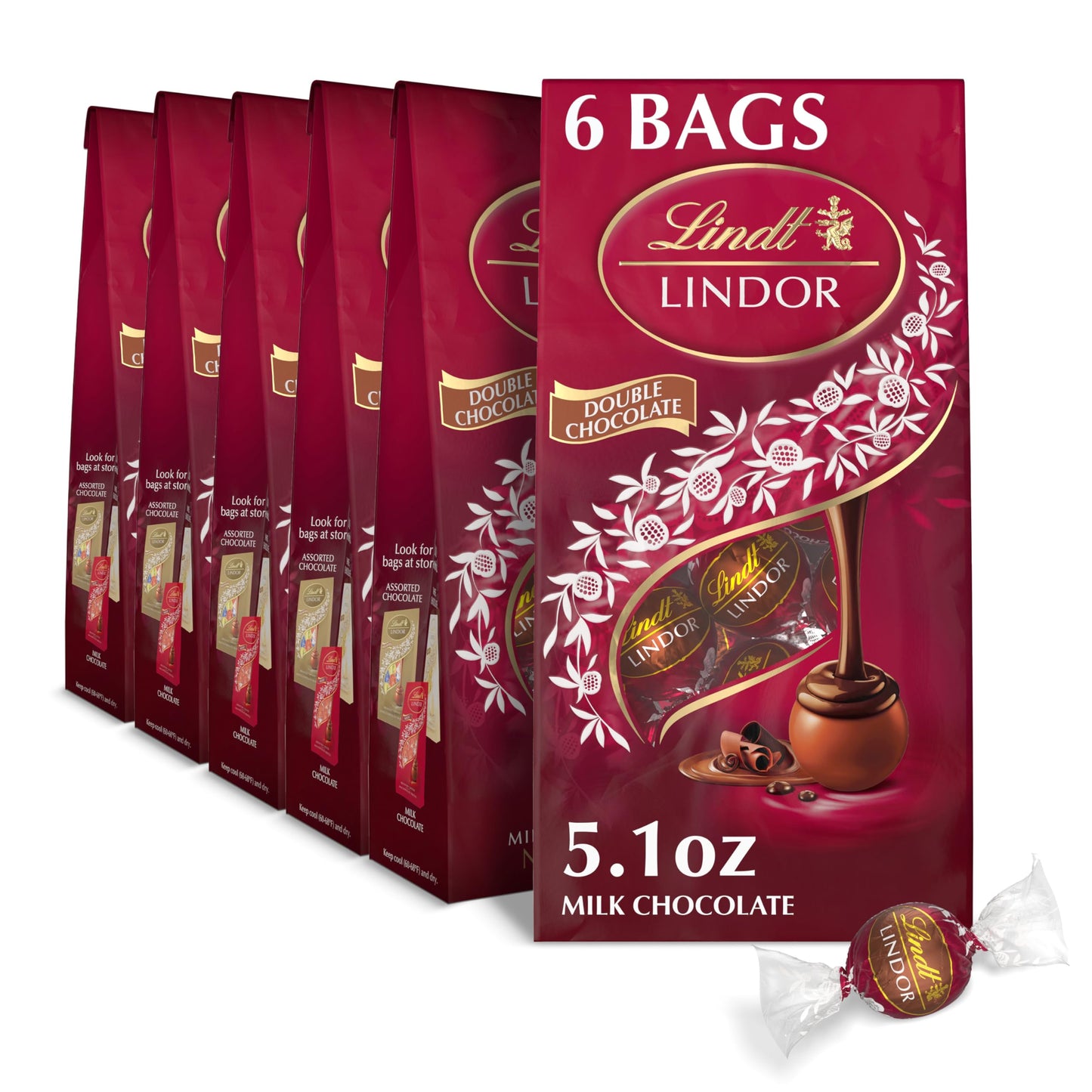 Lindt Lindor Double Chocolate Milk Chocolate Candy Truffles, Milk Chocolate With Smooth, Melting Truffle Center, Great For Gift Giving, 5.1 Oz. Bag (6 Pack)