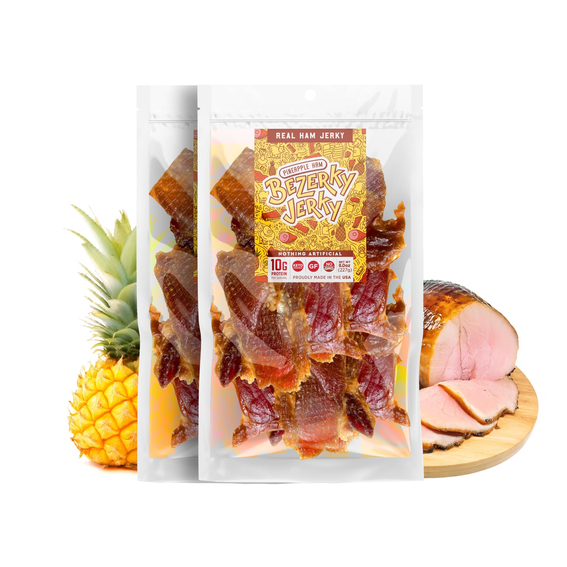 Bezerky Jerky Authentic American Ham, Keto-Friendly Pineapple Jerky, 16 Oz, All-Natural, Non-GMO, Gluten-Free High Protein Snack