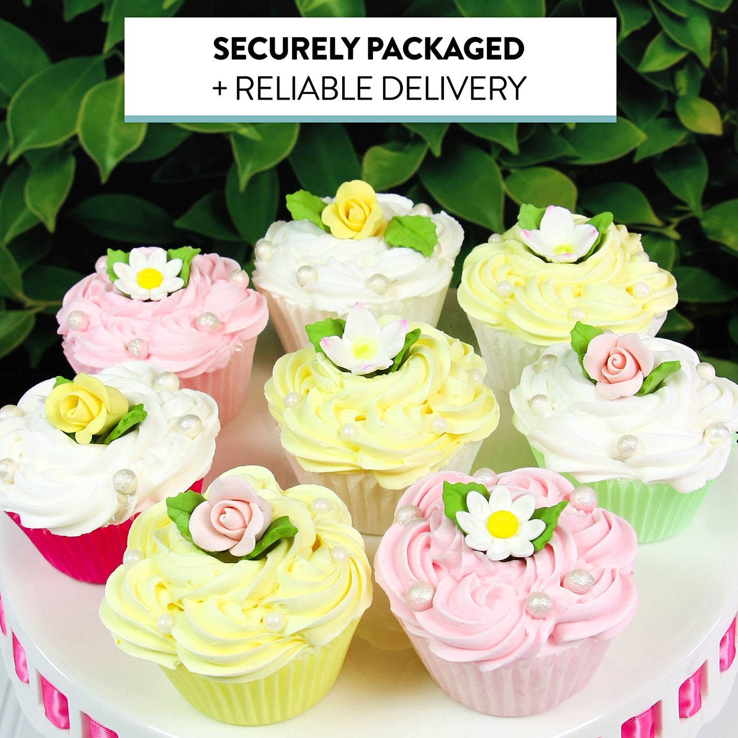 Global Sugar Art Summer Blossom, Roses And Leaves Edible Sugar Cake & Cupcake Flowers, Assorted Colors, Small Unwired, 42 Count
