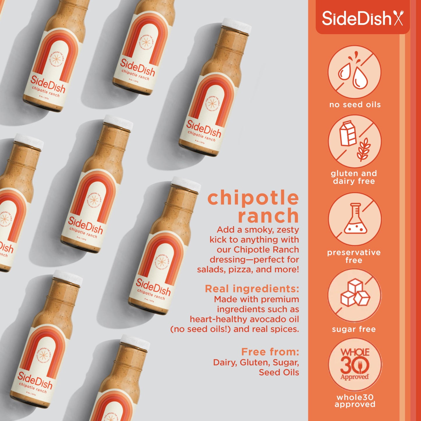 Chipotle Ranch Dressing (Pack Of 3) - Seed Oil, Dairy & Gluten Free Salad Dressing W/Avocado Oil - Refined Sugar Free, Low Sodiu