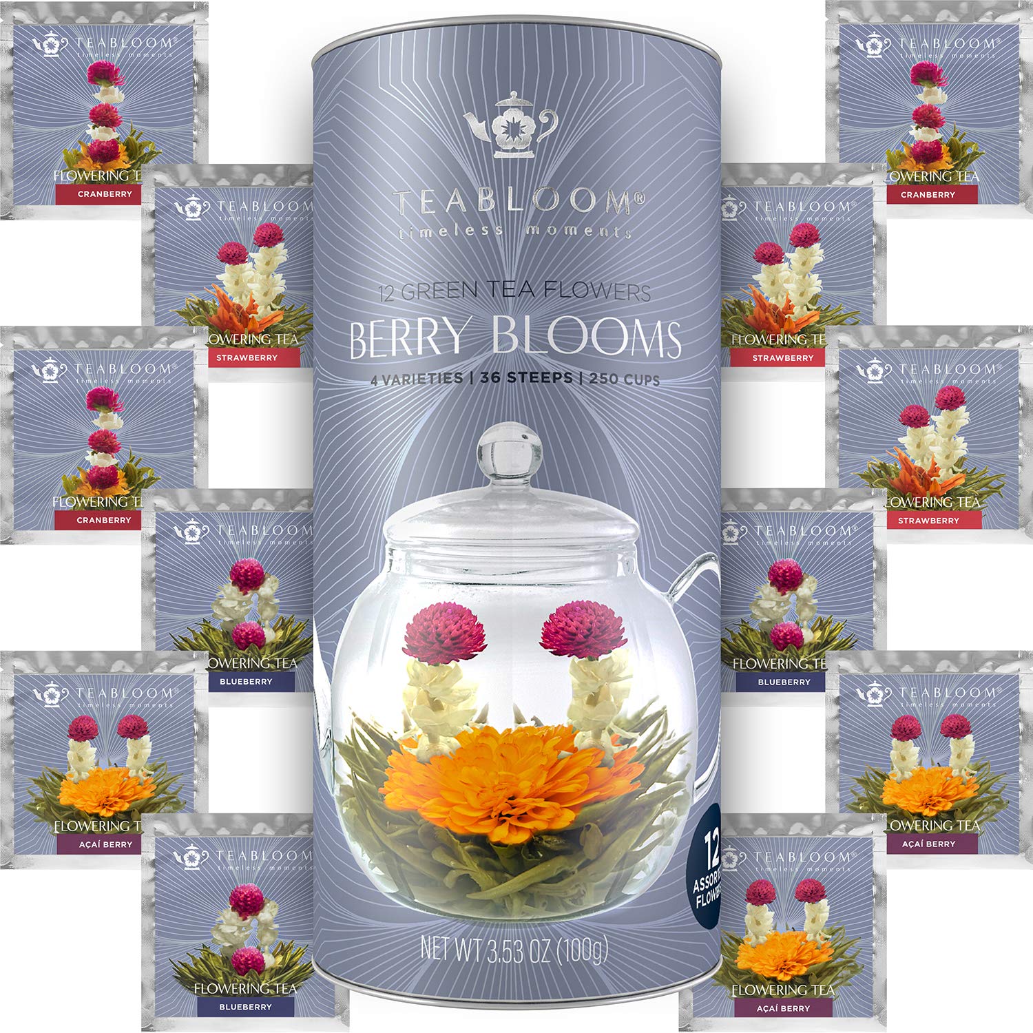 Teabloom Flowering Teas - 12 Assorted Berry Flavors - Premium Green Tea - 3.52 Ounce Pack