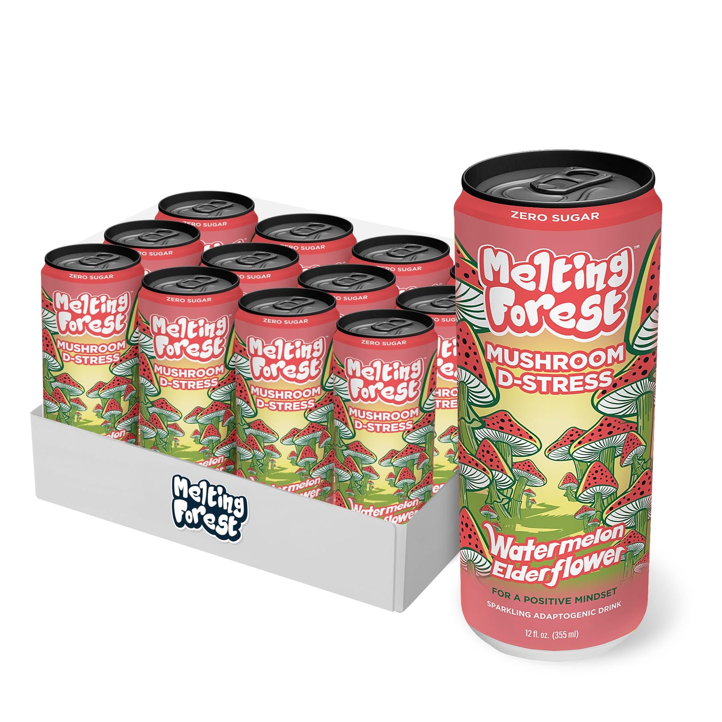 Melting Forest Mushroom D-Stress Drink - Reishi & Lions Mane - Stress Relieving & Focus - Cognitive Function & Mental Clarity - 12 Pack - Watermelon Elderflower