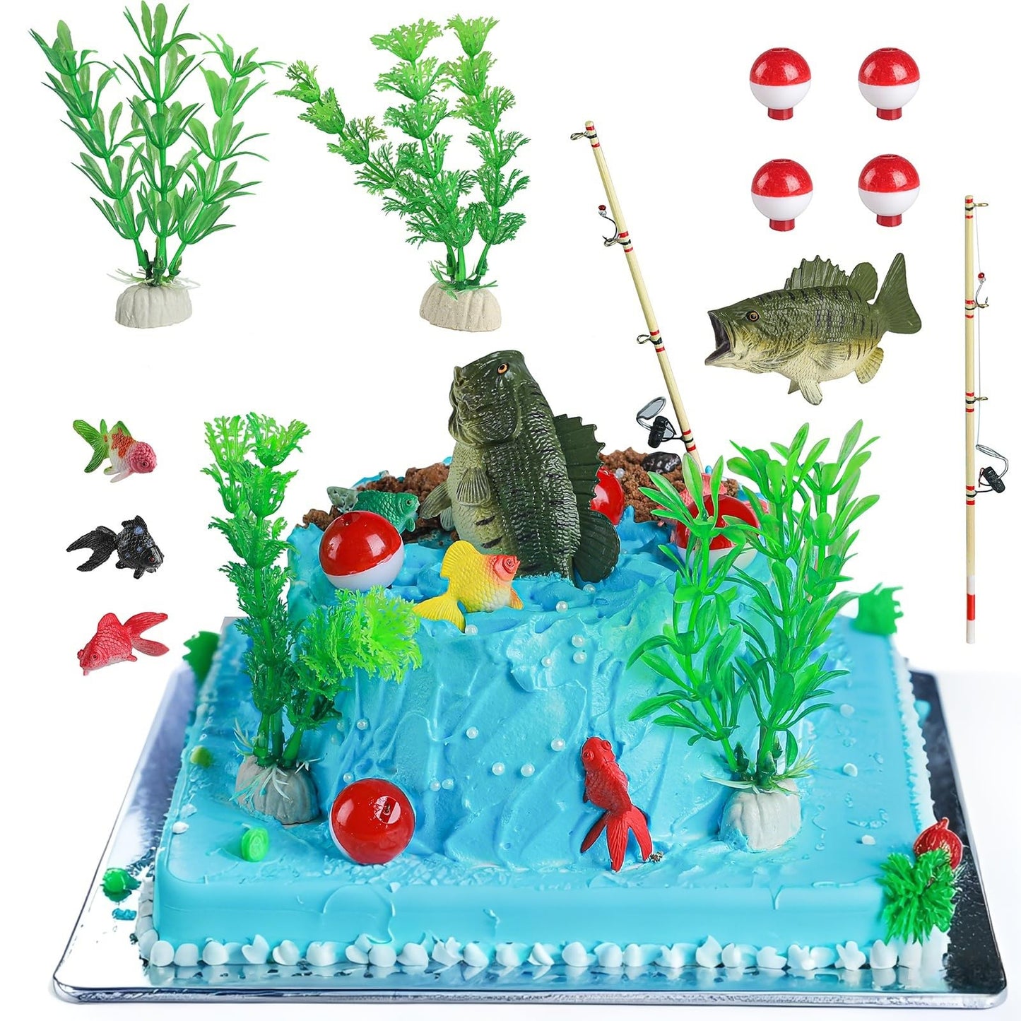 Catch Of The Day: Fishing Birthday Decorations | Fishing Cake Topper Set With Lifelike Fish  Rod & Seaherbal Product | Gone Fishing Cake Topper For Fish-Themed Party Supplies