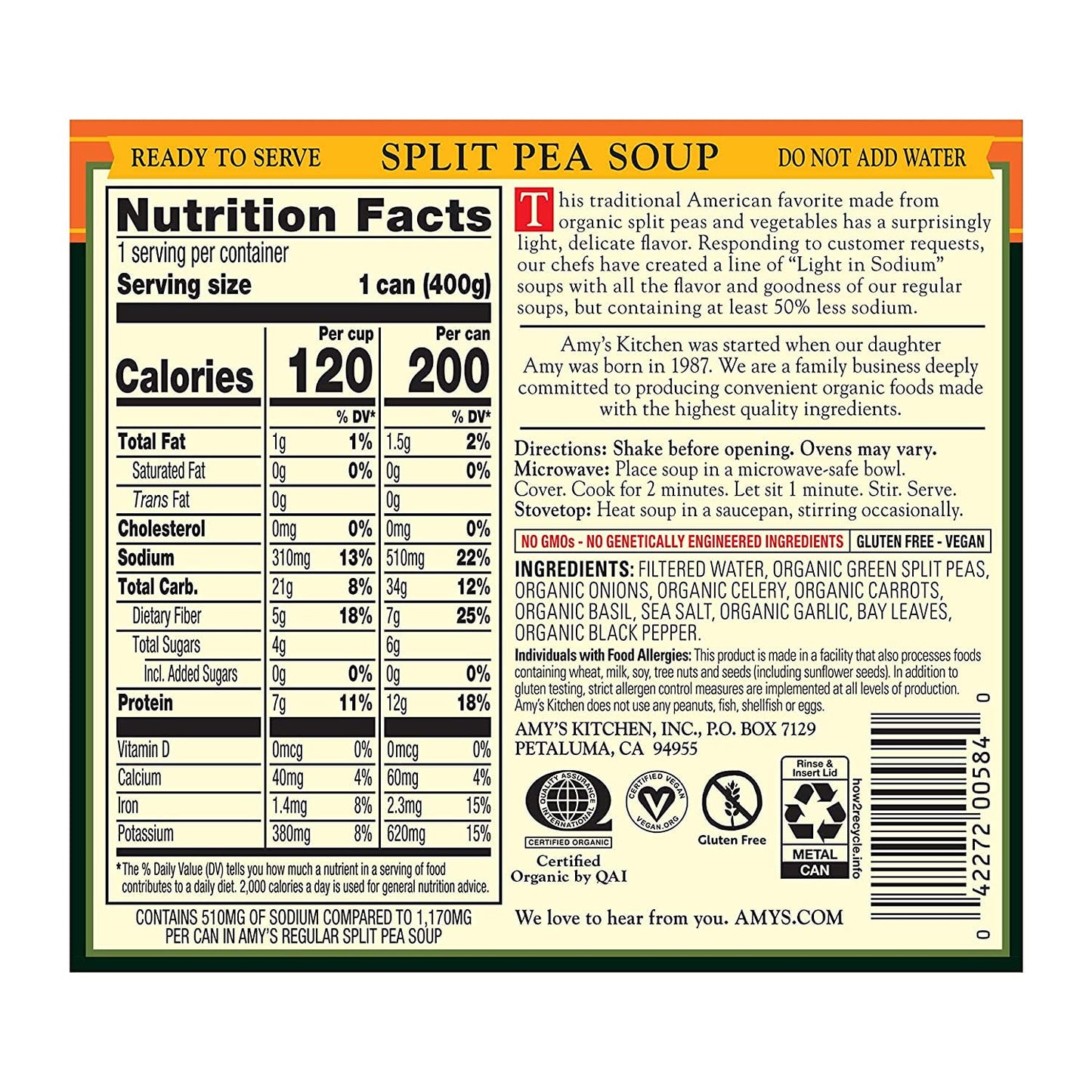 Amy'S Soup, Vegan Split Pea Soup, Light In Sodium, Gluten Free, Made With Organic Vegetables, Canned Soup, 14.1 Oz (12 Pack)