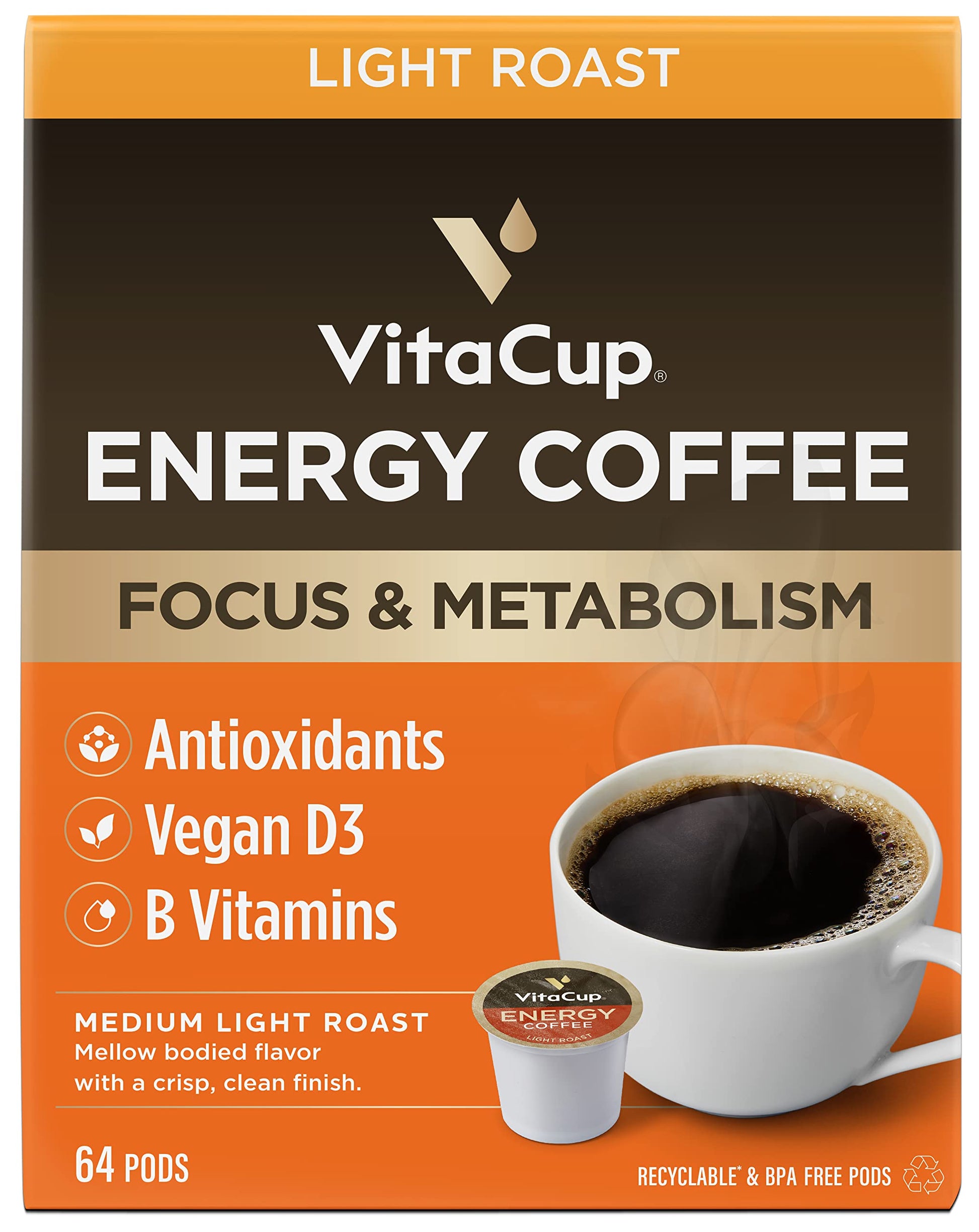 VitaCup Light Roast Coffee Pods, Recyclable Single Serve, Compatible with K-Cup Brewers, 64 Count