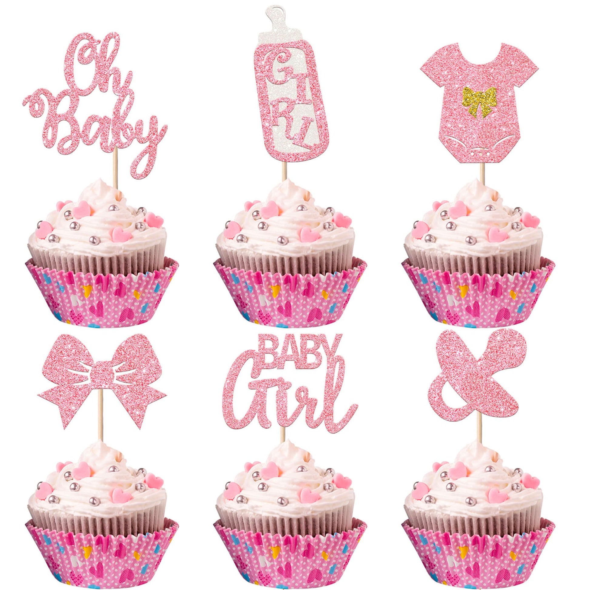 YCTHUNFISH Cupcake Toppers, 24 Pack Glitter Pacifier & Bow, Paper, 2.3x4.5 inches, Pink, Baby Shower & Birthday Party Decorations