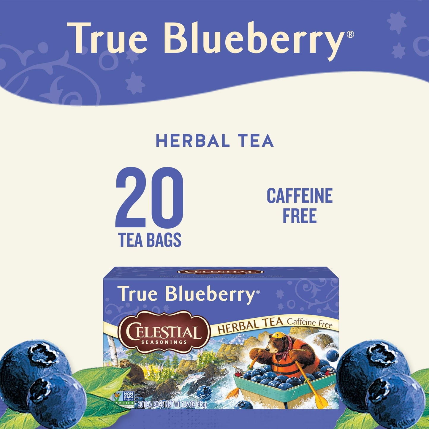 Celestial Seasonings True Blueberry Herbal Tea Bags, Caffeine Free, 20 Count (Pack of 6)