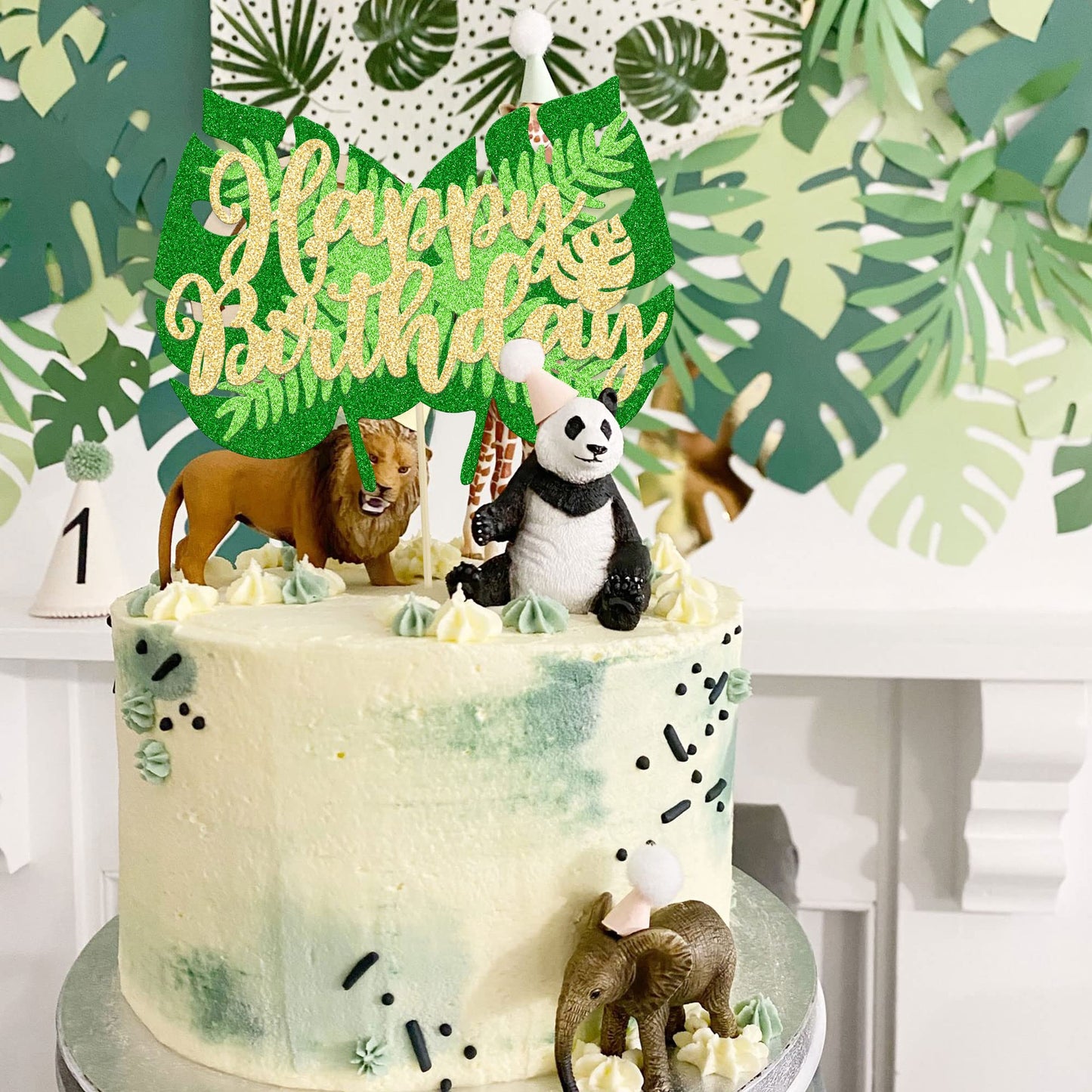 Gyufise 1Pcs Happy Birthday Tropical Leaves Cake Topper Green Glitter Jungle Palm Leaf Cake Decoration For Jungle Theme Kids Bir
