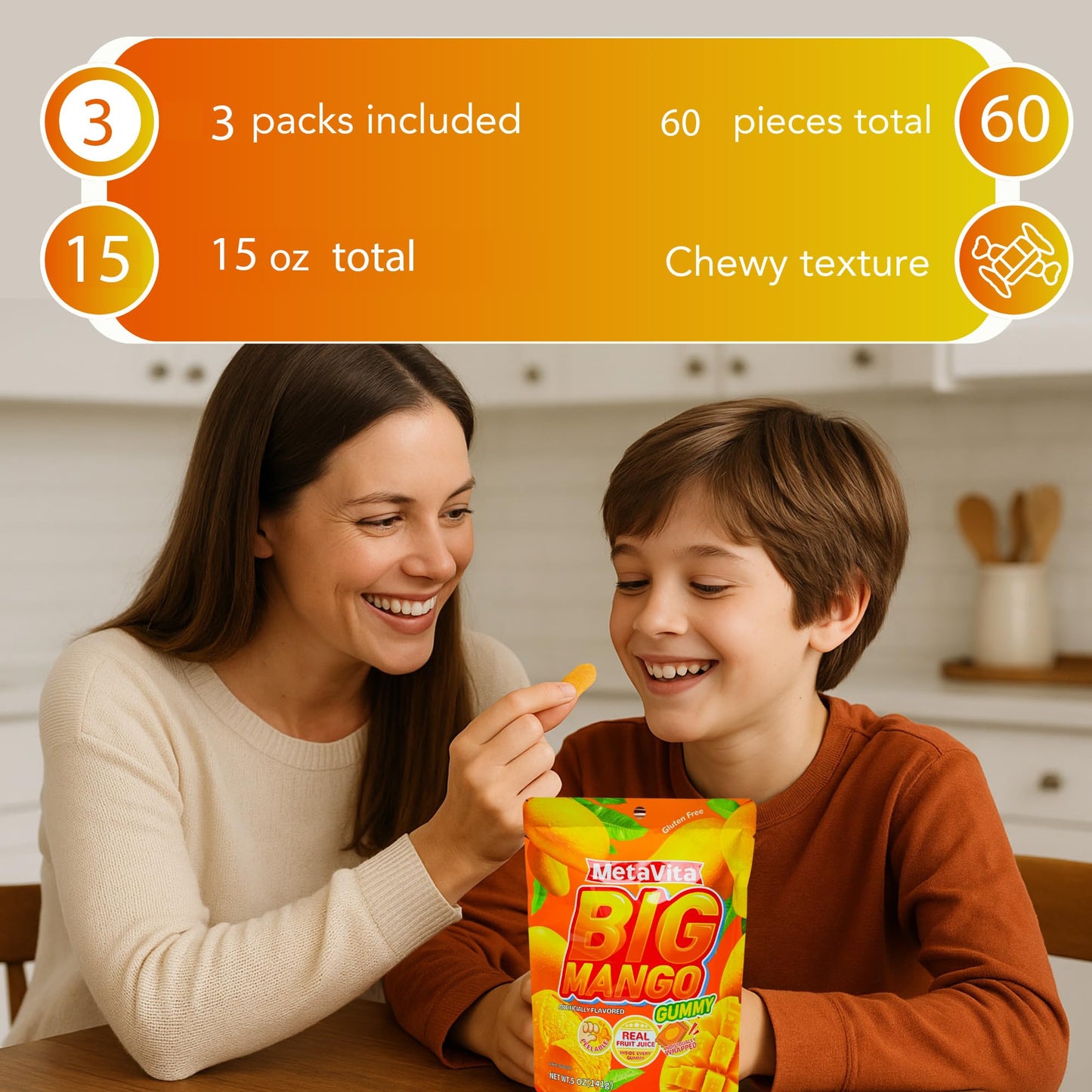 (3 Packs) MetaVita - Big Mango Gummy Candy - Individually Wrapped Peelable Mango Gummies with Real Puree - Chewy, Gluten-Free -