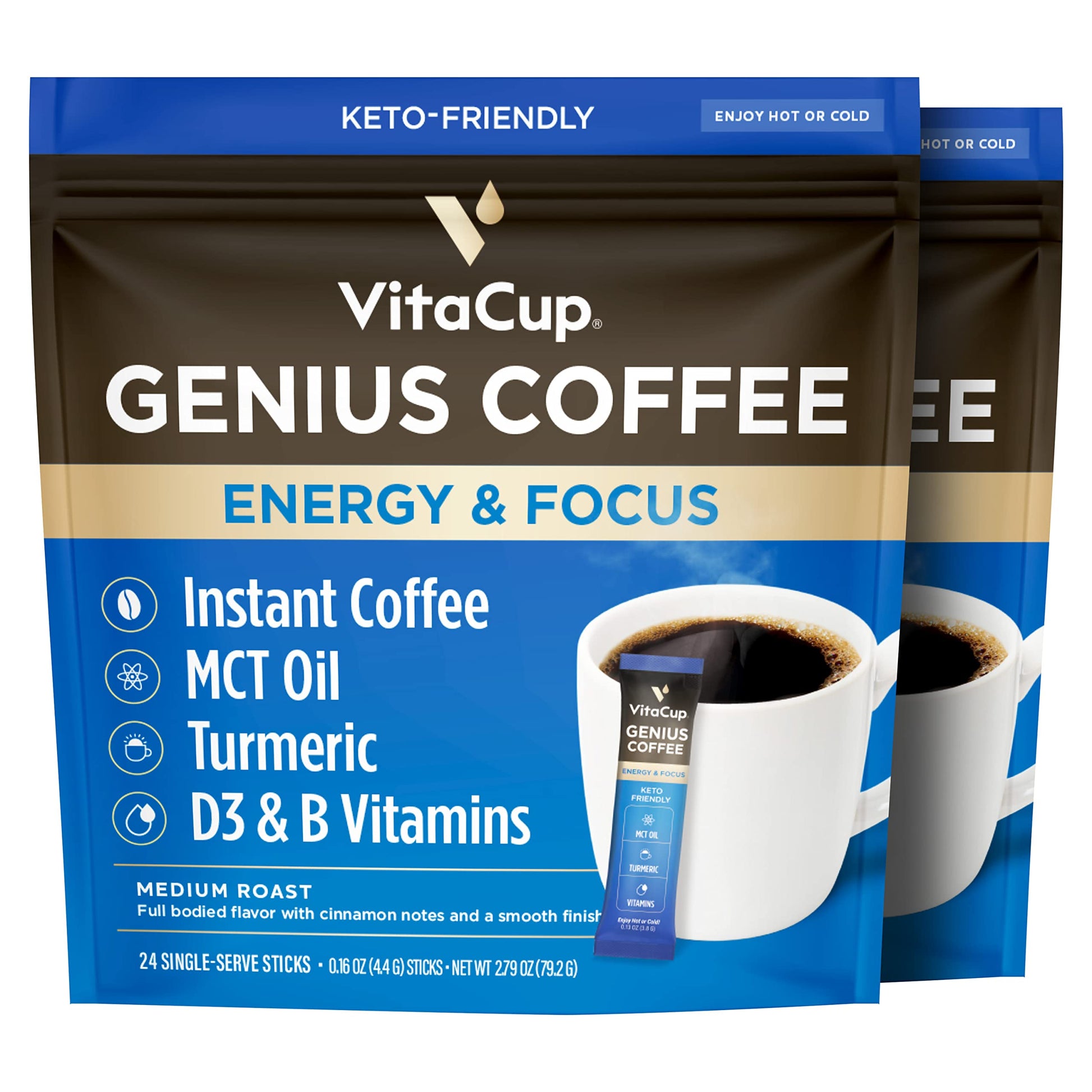 VitaCup Instant Coffee Packets, Keto Coffee with MCT Oil & Turmeric, 48 Count