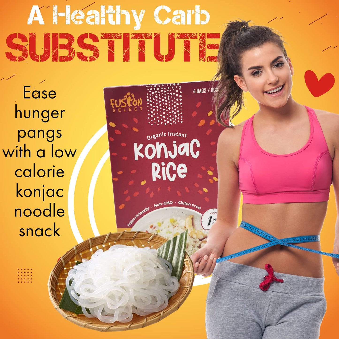 Fusion Select 4 Packs Organic Konjac Noodles - Shirataki Rice Plant-Based Substitute - Vegan Konjac Rice For Vegetarian, Keto, Paleo Recipes - Zero Gluten, Low Carb, Low Calorie Shirataki Konjac Rice