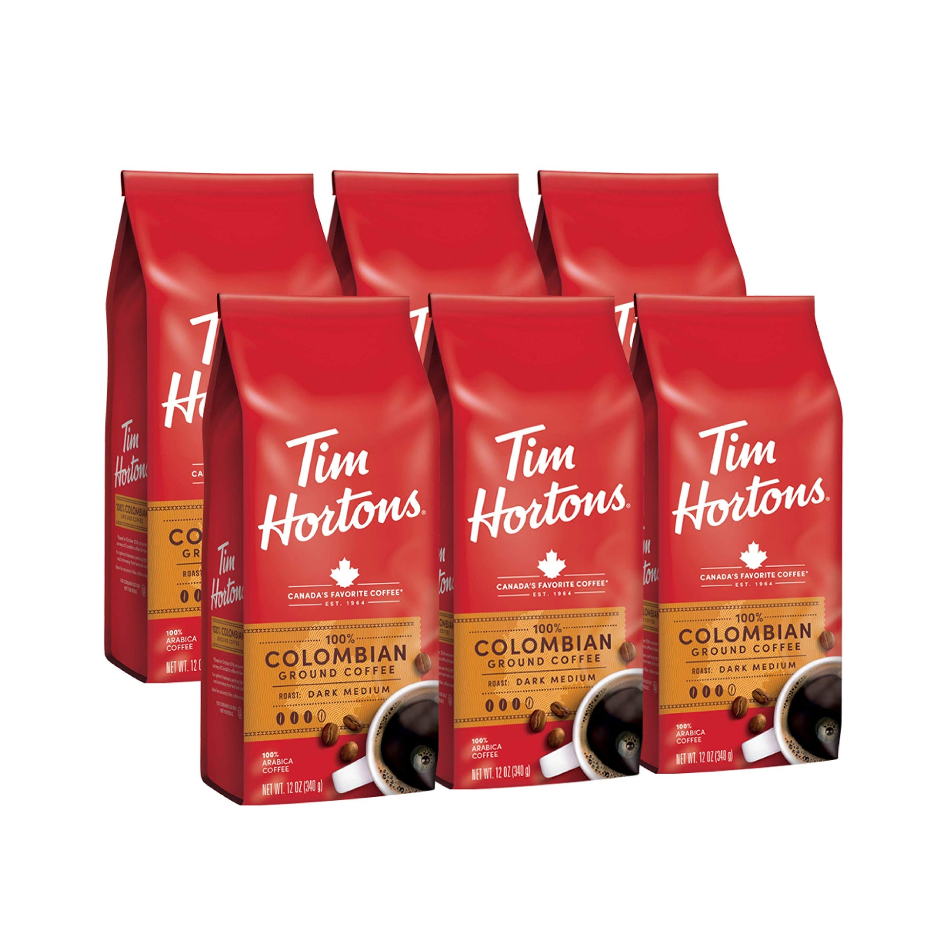 Tim Hortons Colombian Ground Coffee, Medium-Dark Roast, 100% Arabica, 12 Ounce (Pack of 6), Red