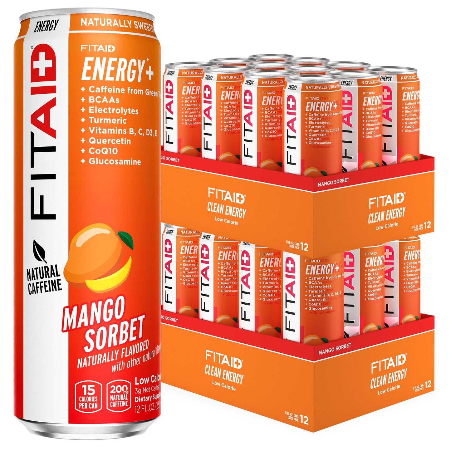 LIFEAID FITAID ENERGY Drink, Mango Sorbet, 200mg Natural Caffeine, 12 Fl Oz, Pack of 24, Keto, Vegan, Gluten-Free