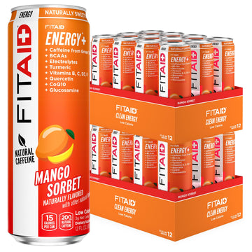 LIFEAID FITAID ENERGY Drink, Mango Sorbet, 200mg Natural Caffeine, 12 Fl Oz, Pack of 24, Keto, Vegan, Gluten-Free