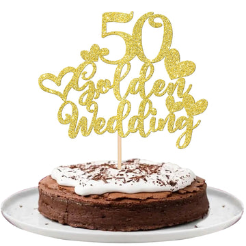 1 PCS 50th Wedding Anniversary Cake Topper Gold Glitter Heart 50 Golden Wedding Cake Pick Decoration for Cheers to 50 Years Happ