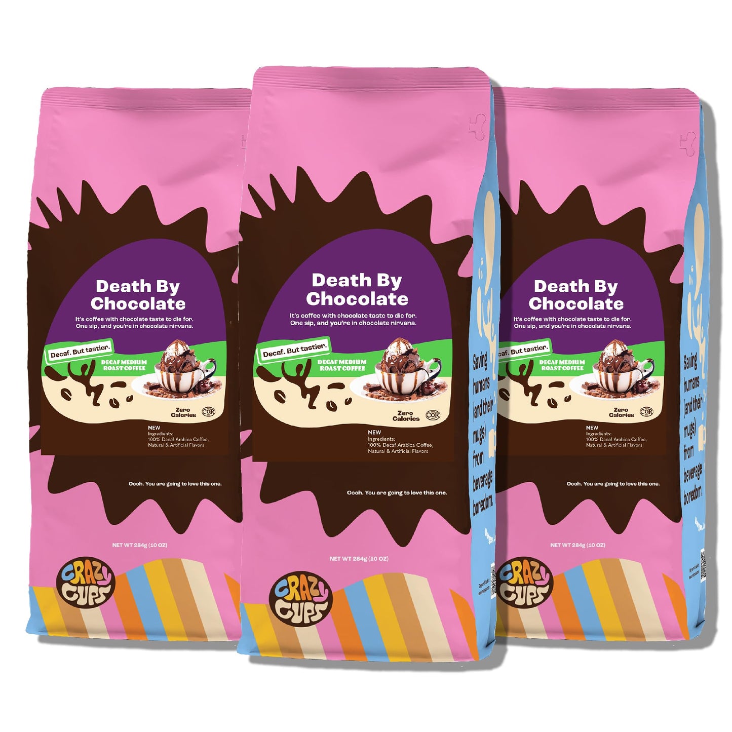 Crazy Cups Decaf Chocolate Coffee, Flavored Ground Coffee, 10 oz Bag, 3 Pack