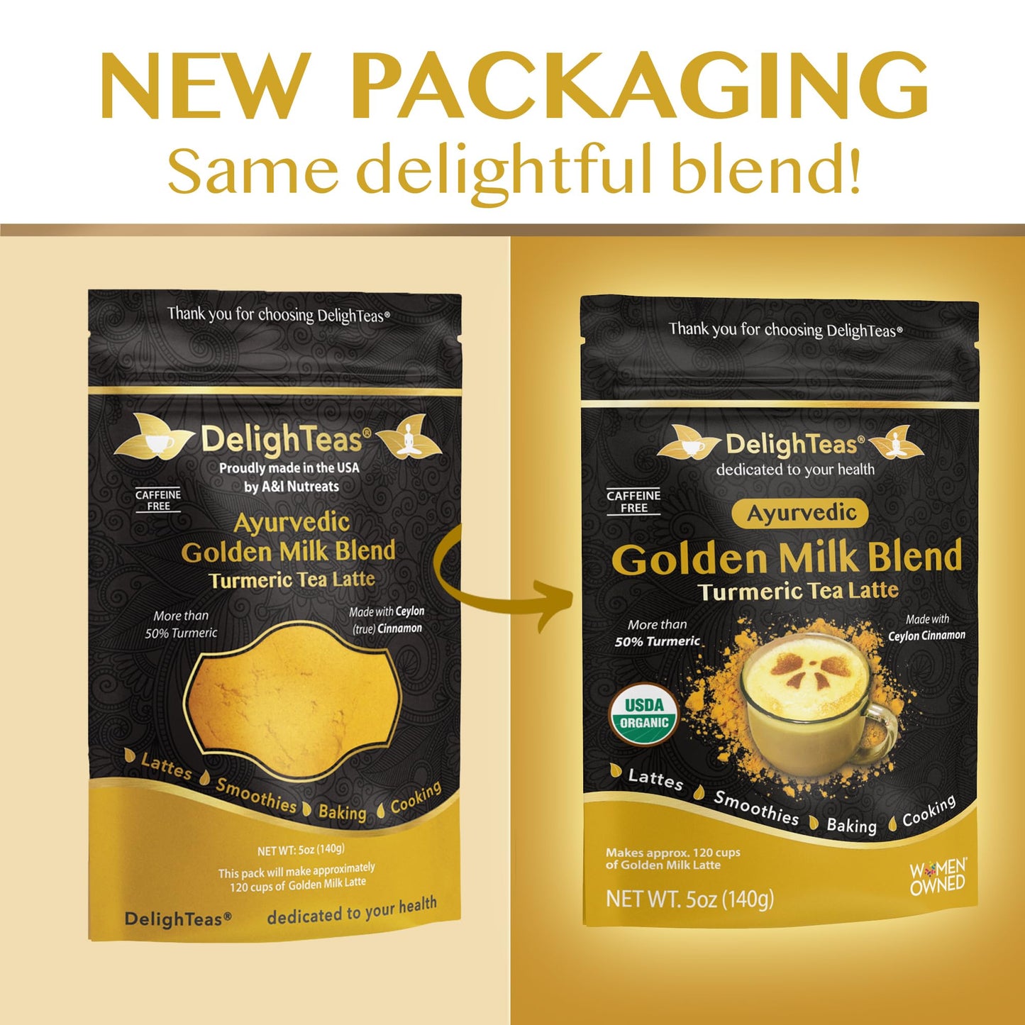 DelighTeas Organic Golden Milk Powder with Turmeric, Ginger, Ceylon Cinnamon - Vegan, Non-GMO, Keto - 5 oz.