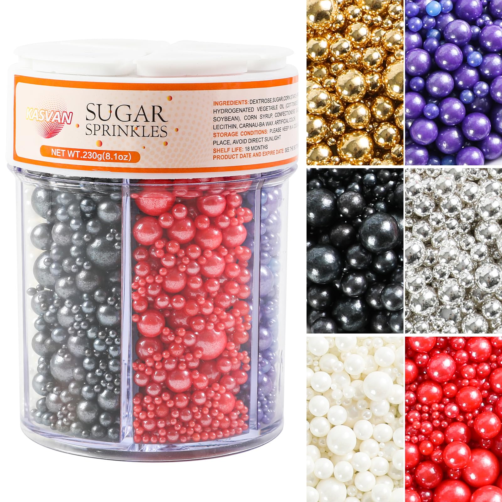 Kasvan Edible Pearl Sugar Sprinkles, 6 Colors Mix for Cake Decorating, Gold Silver White Black Purple and Red Sprinkles for Cake