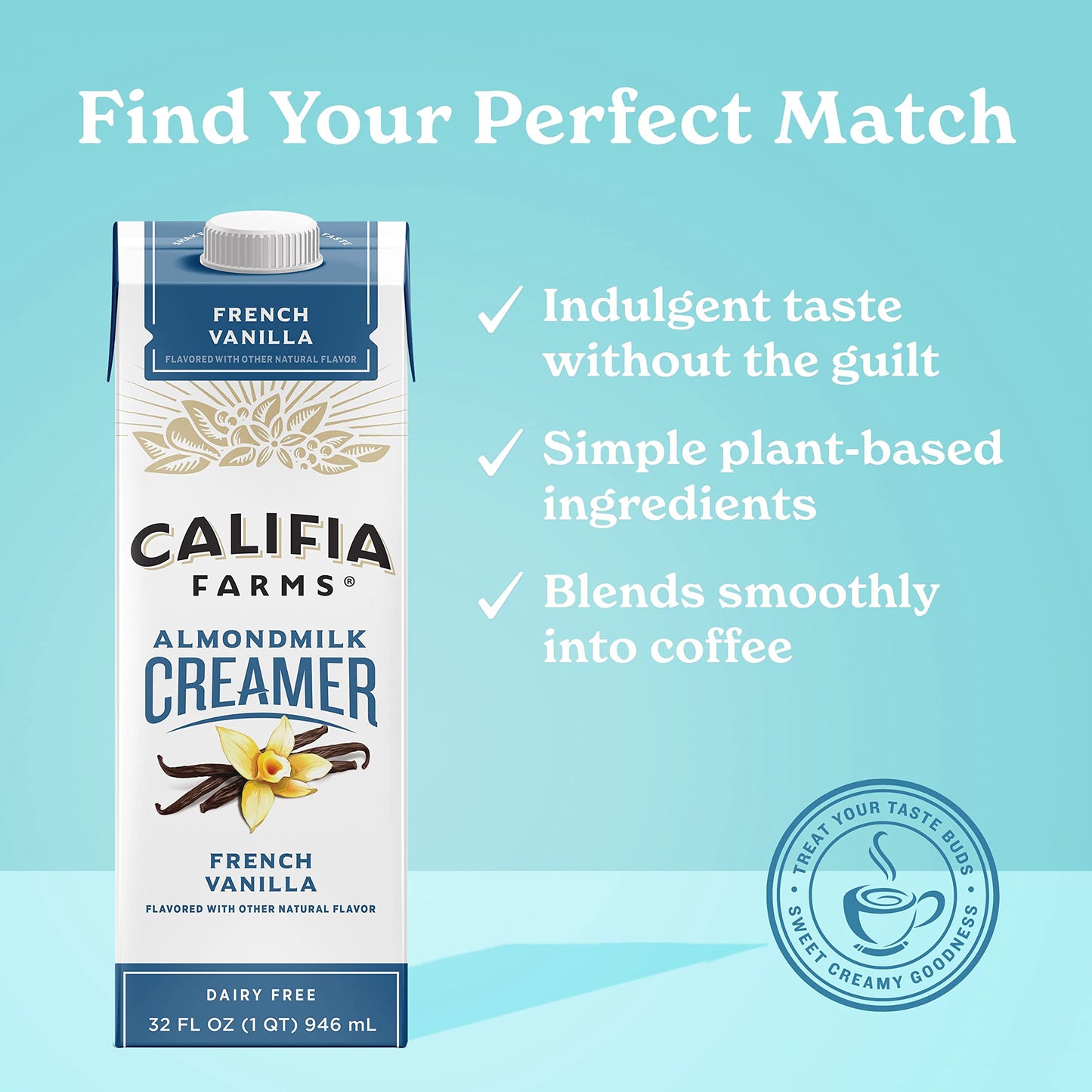 Califia Farms - French Vanilla Almond Milk Coffee Creamer, 32 Oz (Pack of 6), Shelf Stable, Dairy Free, Plant Based, Vegan, Glut