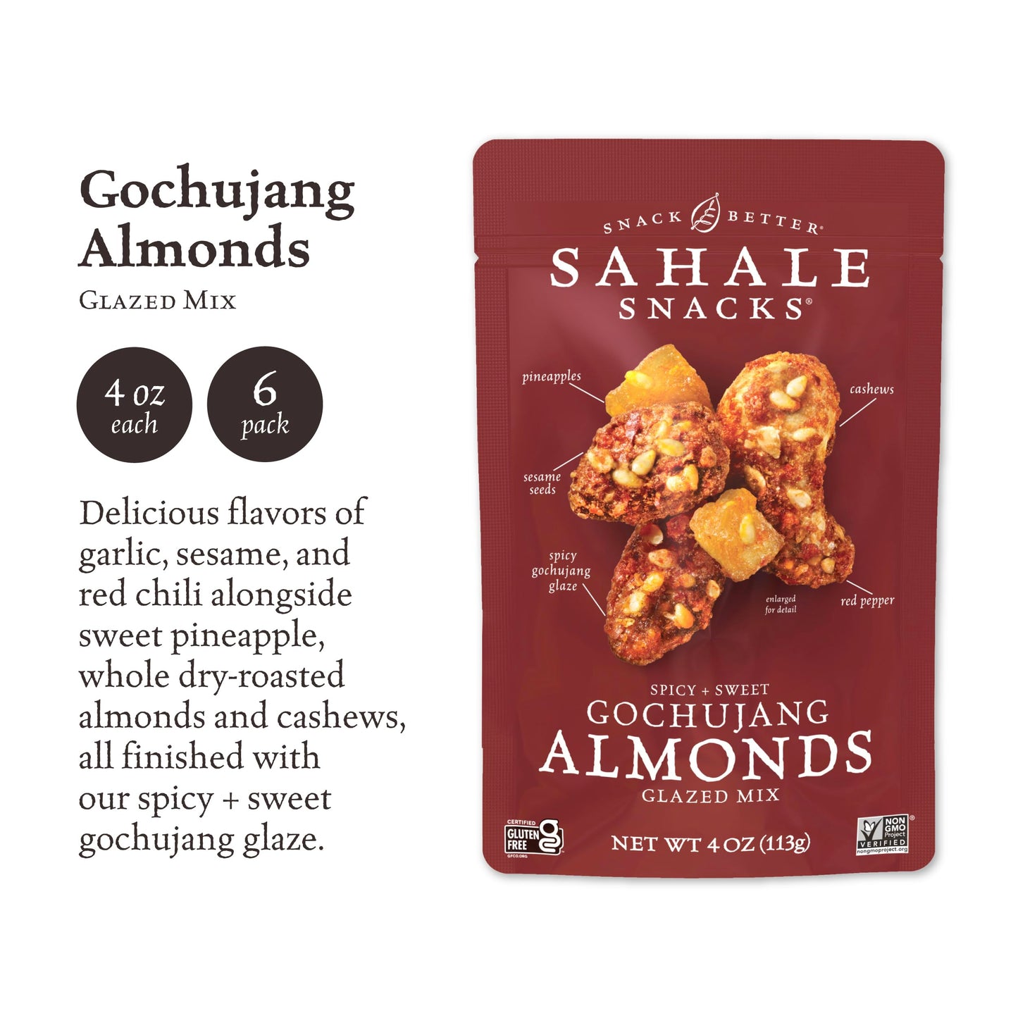 Sahale Snacks Gochujang Almonds Glazed Mix, Gluten Free, 4 Ounce (Pack of 6)