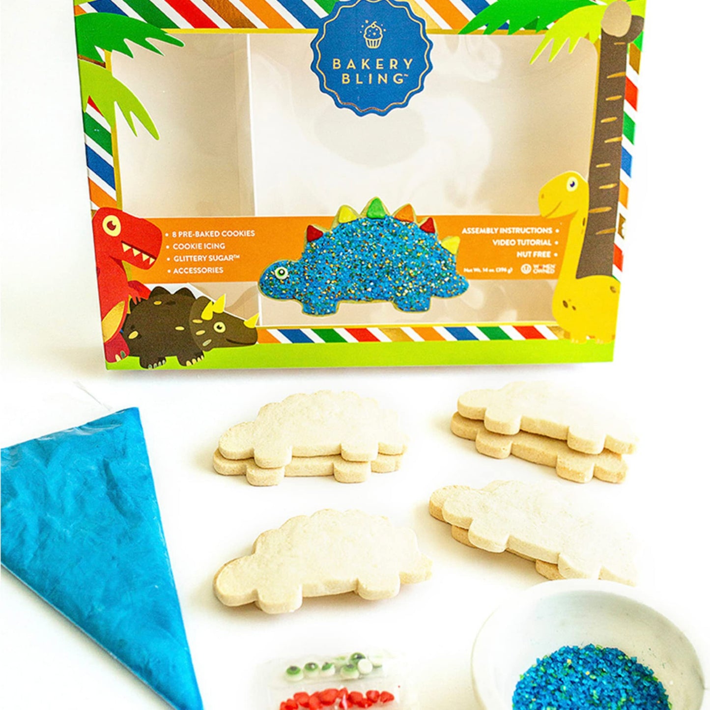 Cookie Decorating Kit With Cookies - Dinosaur Designer Sugar Cookie Kit - 8 Pre-Baked Vanilla Dinosaur Cookies, Cookie Icing, Ed