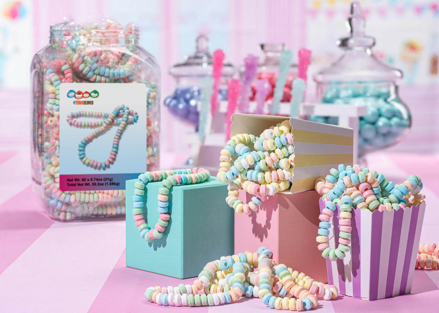 80 Candy Necklaces Individually Wrapped, Choker Style, Nostalgic Pastel Candy Jewelry Perfect For Party Favors, Pinata Fillers A
