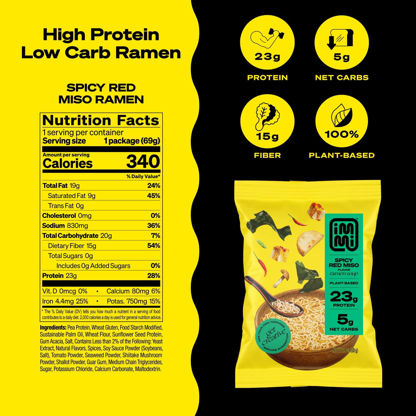 Immi Spicy Red Miso    Ramen - Improved Taste, Better Texture & More Protein - Vegan, High Protein Noodles - Low Carb, Zero Suga