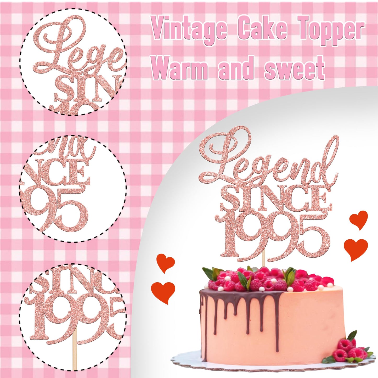 Rssta i Glitter Cake Topper, Legend Since 1995, Rose Gold, Model XM310, Perfect for 30th Birthday and Wedding Anniversary Celebrations