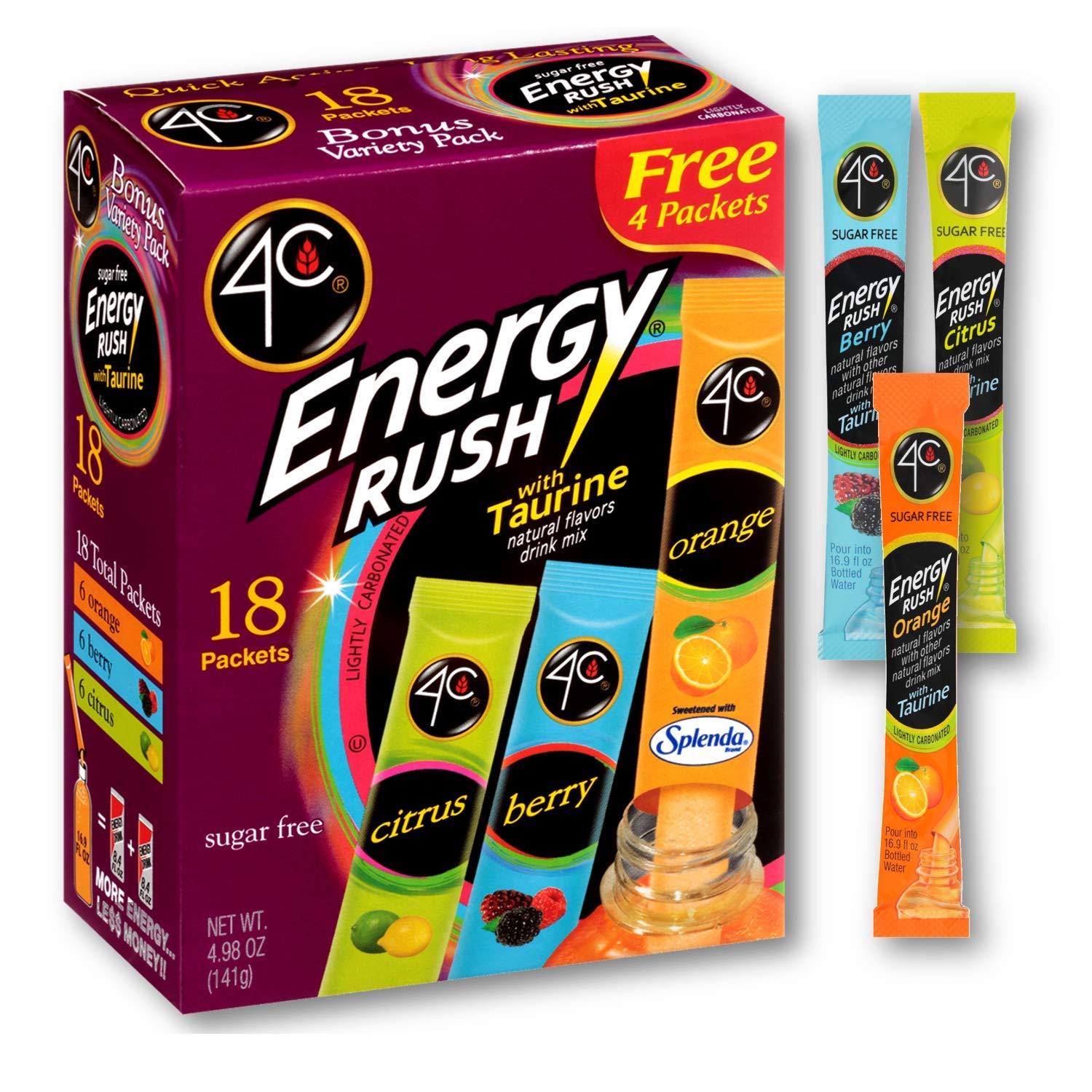4C Energy Rush Drink Mix, Pack of 2 Boxes, 18 Packets Each, 36 Servings, 6 Orange, 6 Berry, 6 Citrus, Net Wt. 