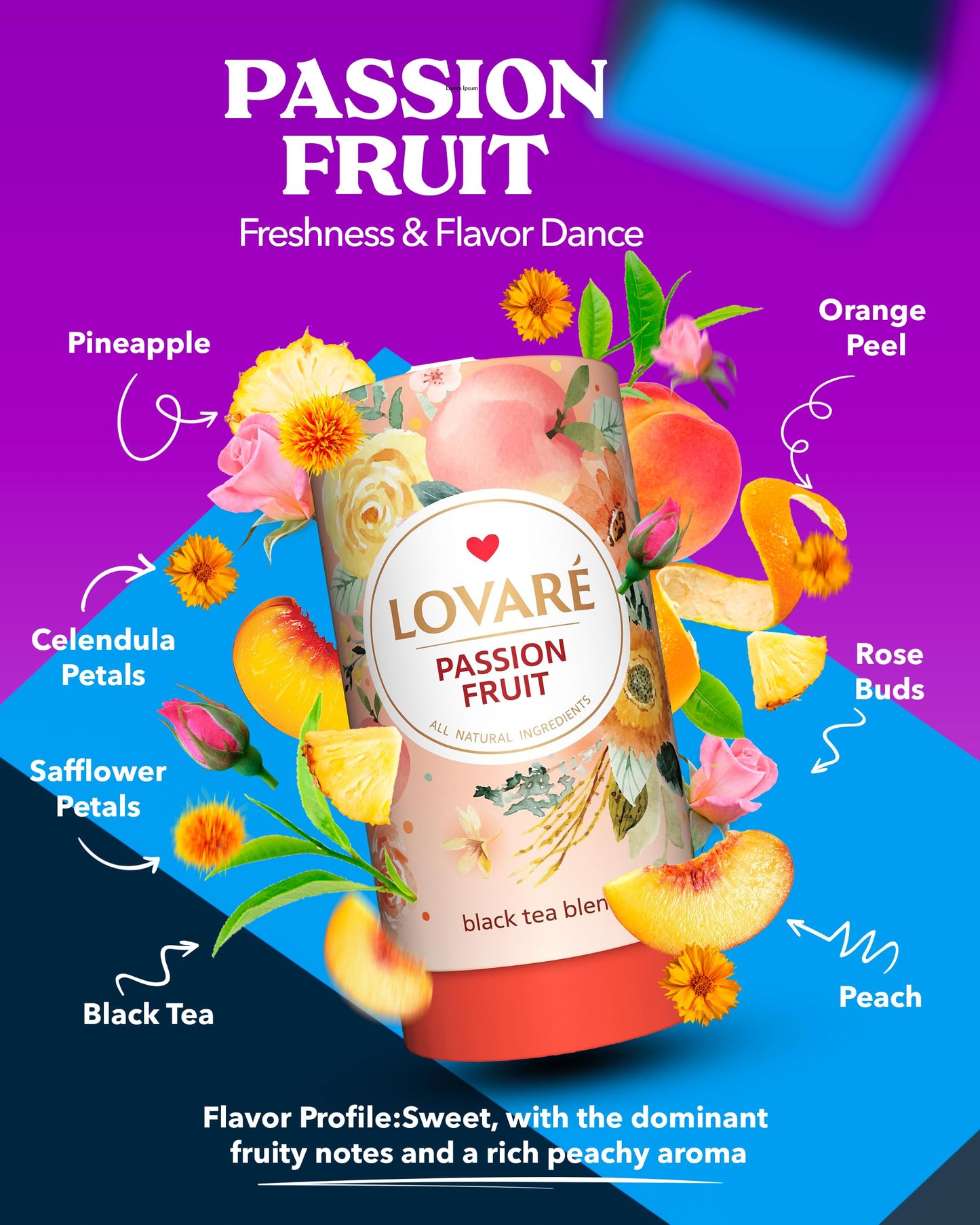 LOVARE Passion Fruit Loose Leaf Tea 80 g - Made in Ukraine - Black Tea, Orange Peel, Rosebuds, Calendula Petals, Safflower Petal