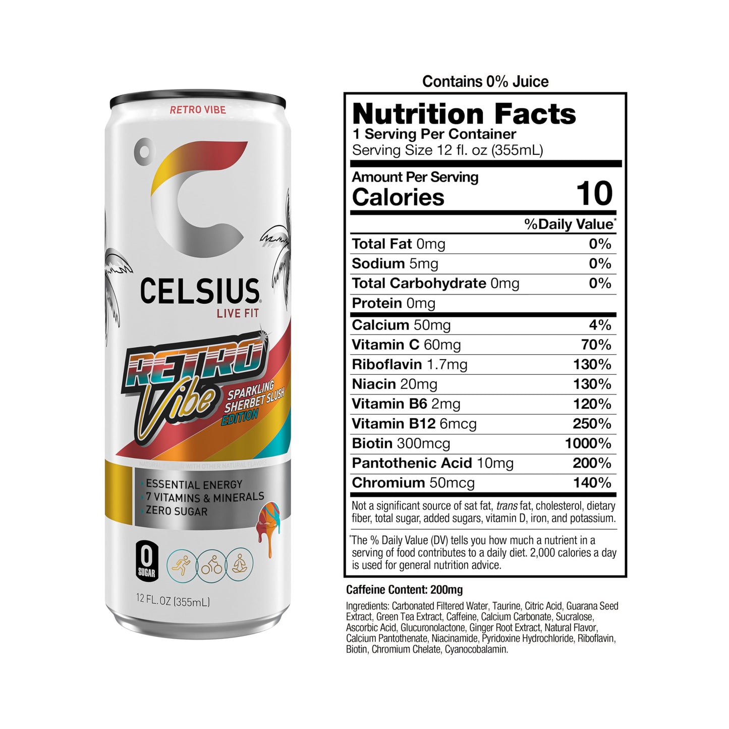 CELSIUS RETRO VIBE™ Sparkling Sherbet Slush, Sugar Free Energy Drink, 12 Fl Oz (Pack of 12) - Refreshing Energy Boost
