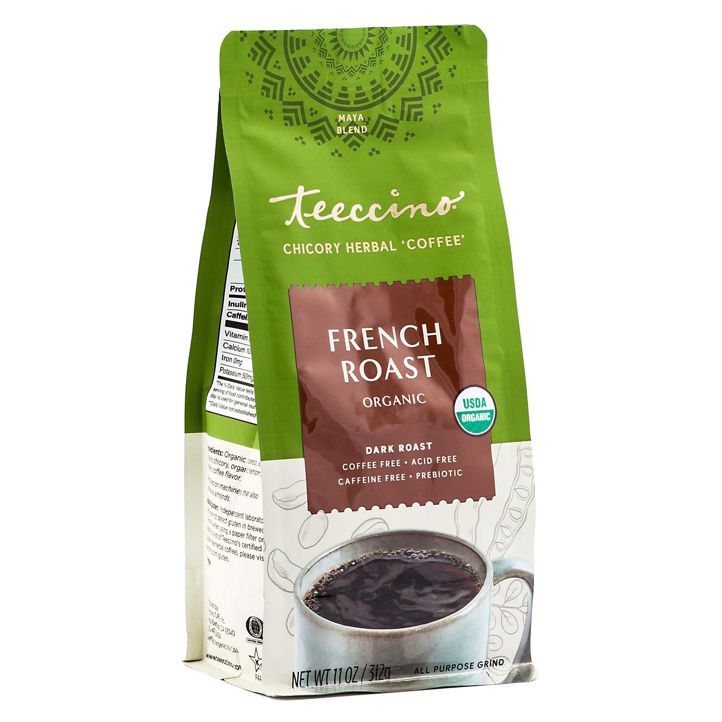 Teeccino Maya Herbal Coffee Caffe Dark Roast French Roast Organic 11 oz.