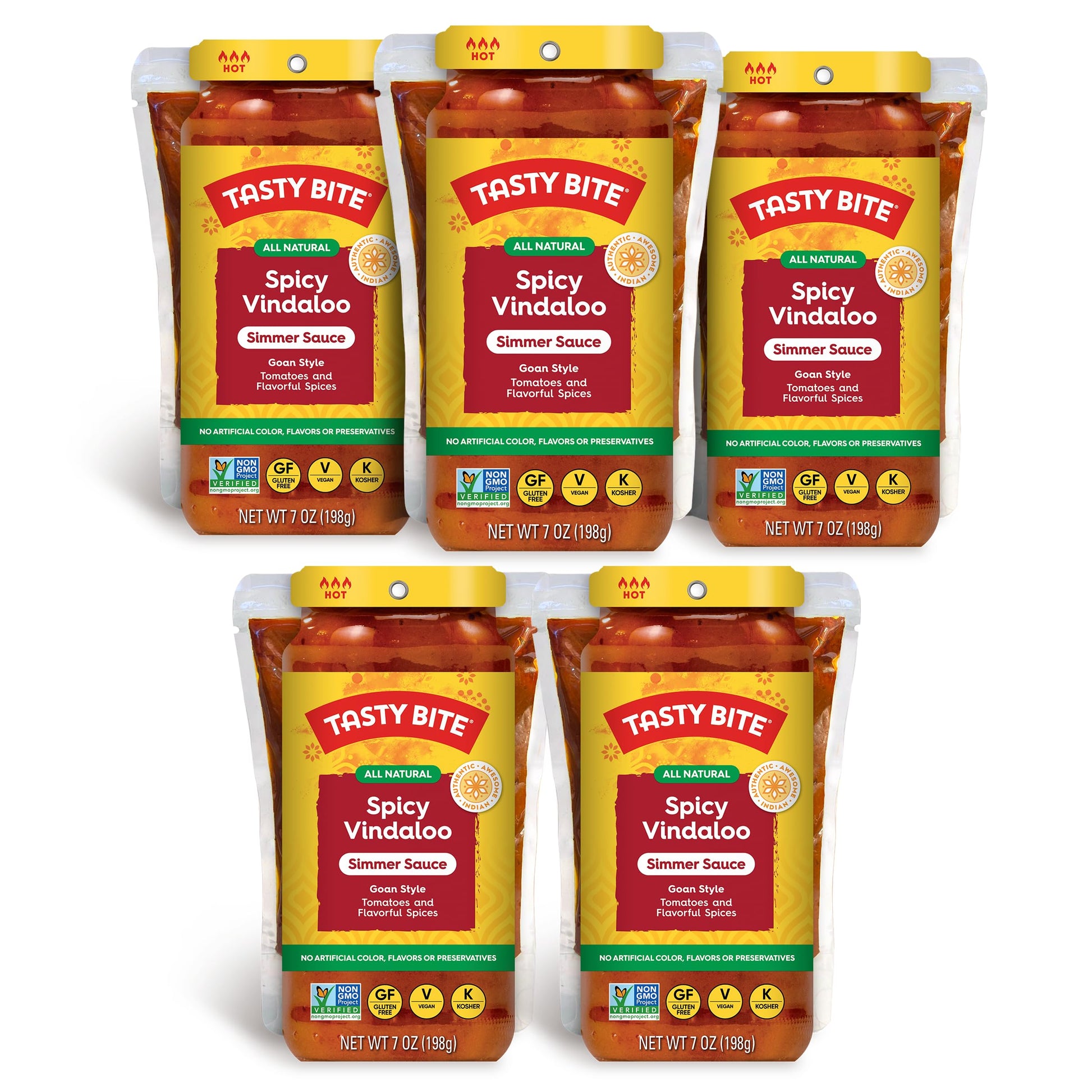 Tasty Bite Goan Style Spicy Vindaloo Simmer Sauce, 7-Ounce 5-Pack, 3-4 Servings Per Pouch, Vegan, Kosher, Non GMO